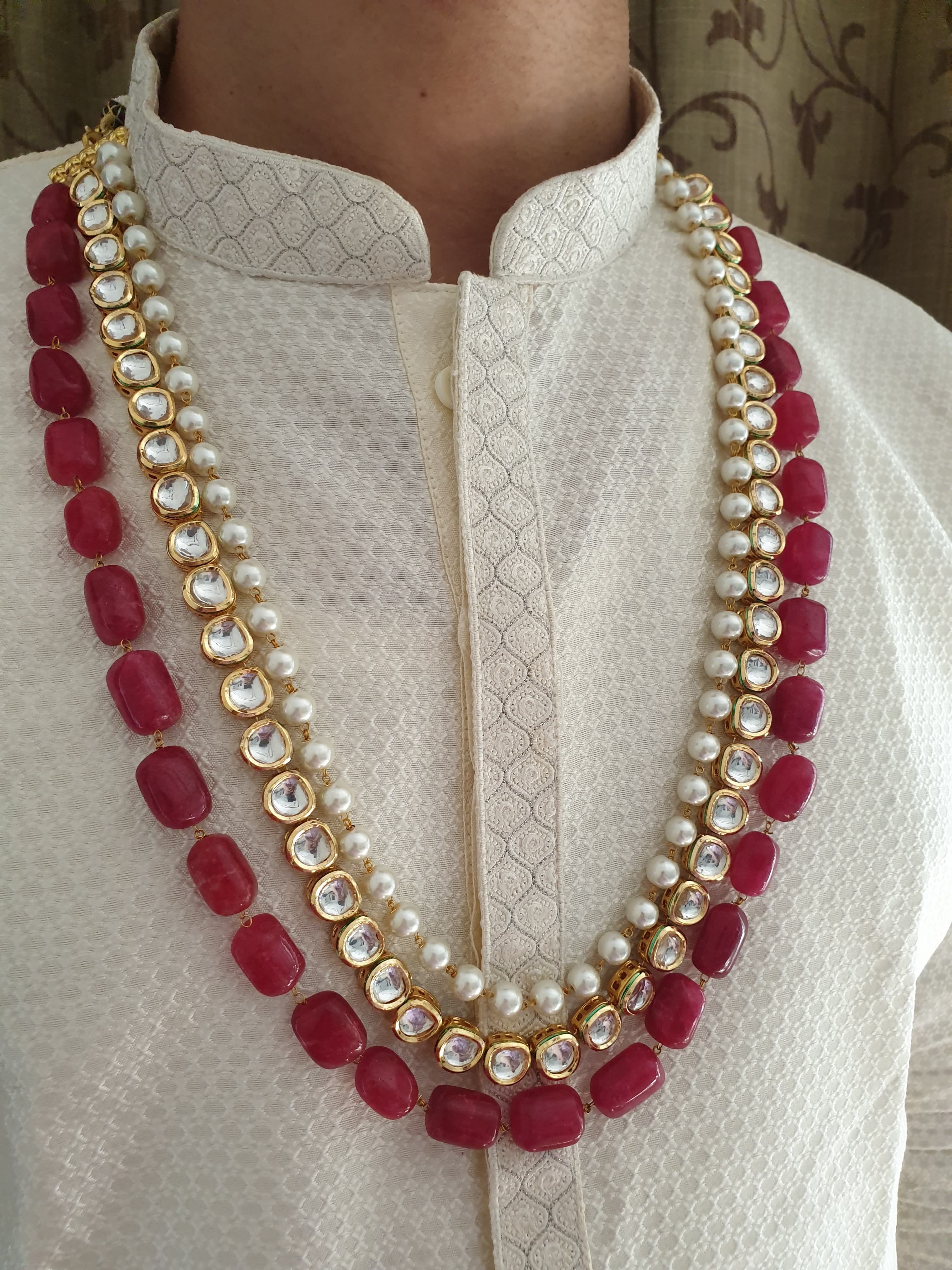 Ruby Beaded Kundan Pearl Groom Necklace Set