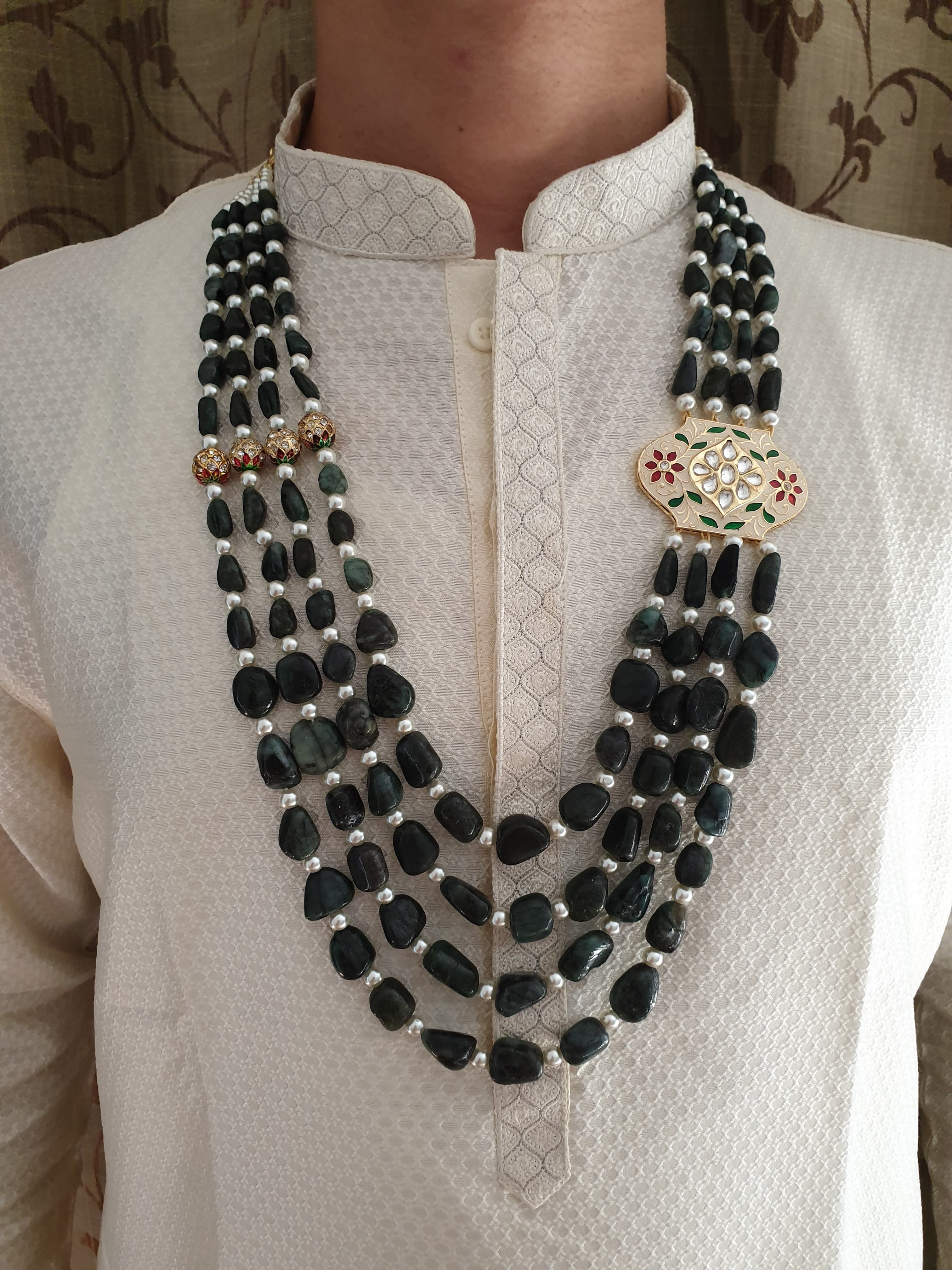 Real Emerald Stones With Jadau Meenakari Brooch Long Groom Jewellery Set