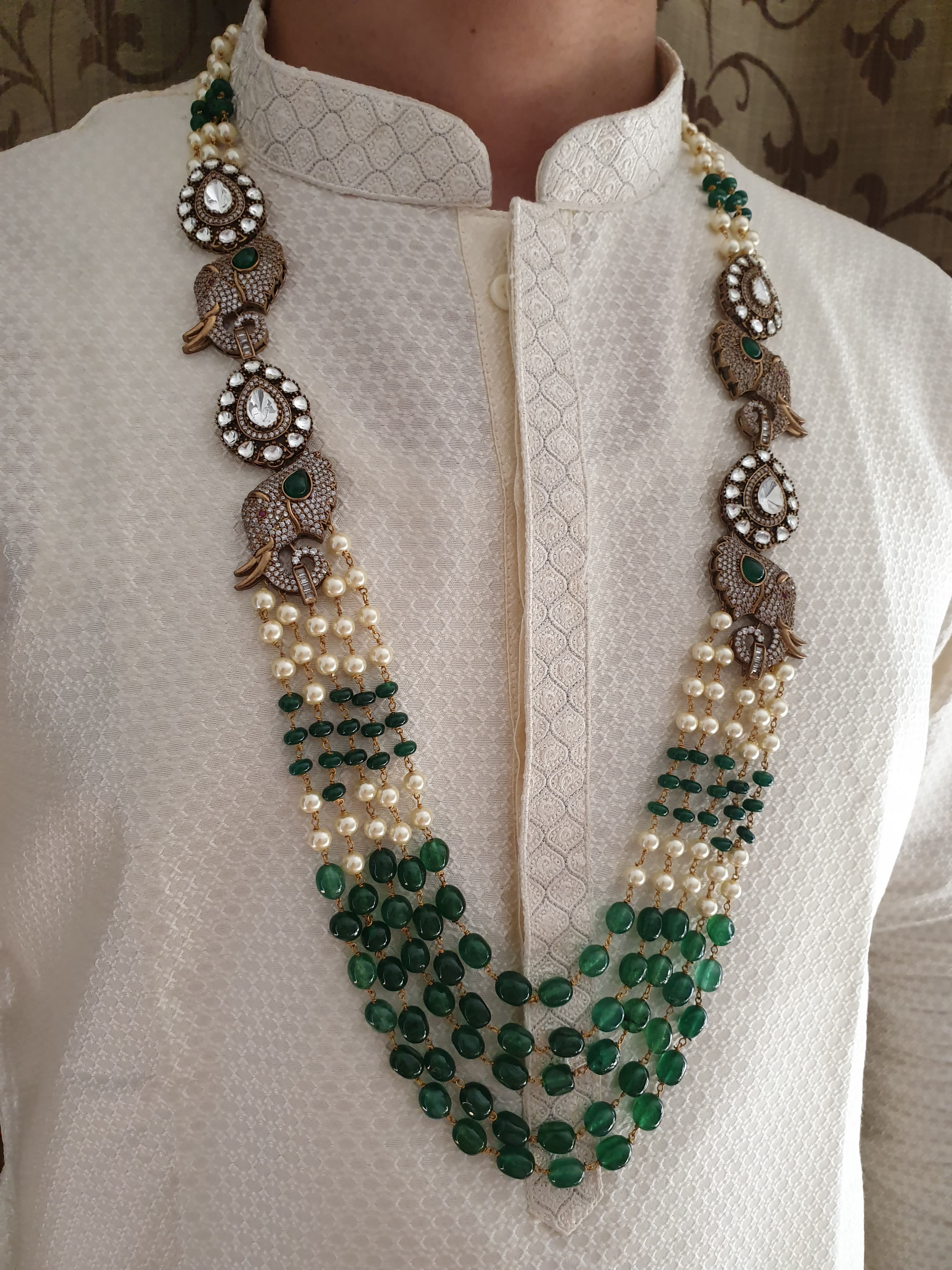 Emerald Stone Beaded Elephant AD Kundan Brooch Groom Necklace Set
