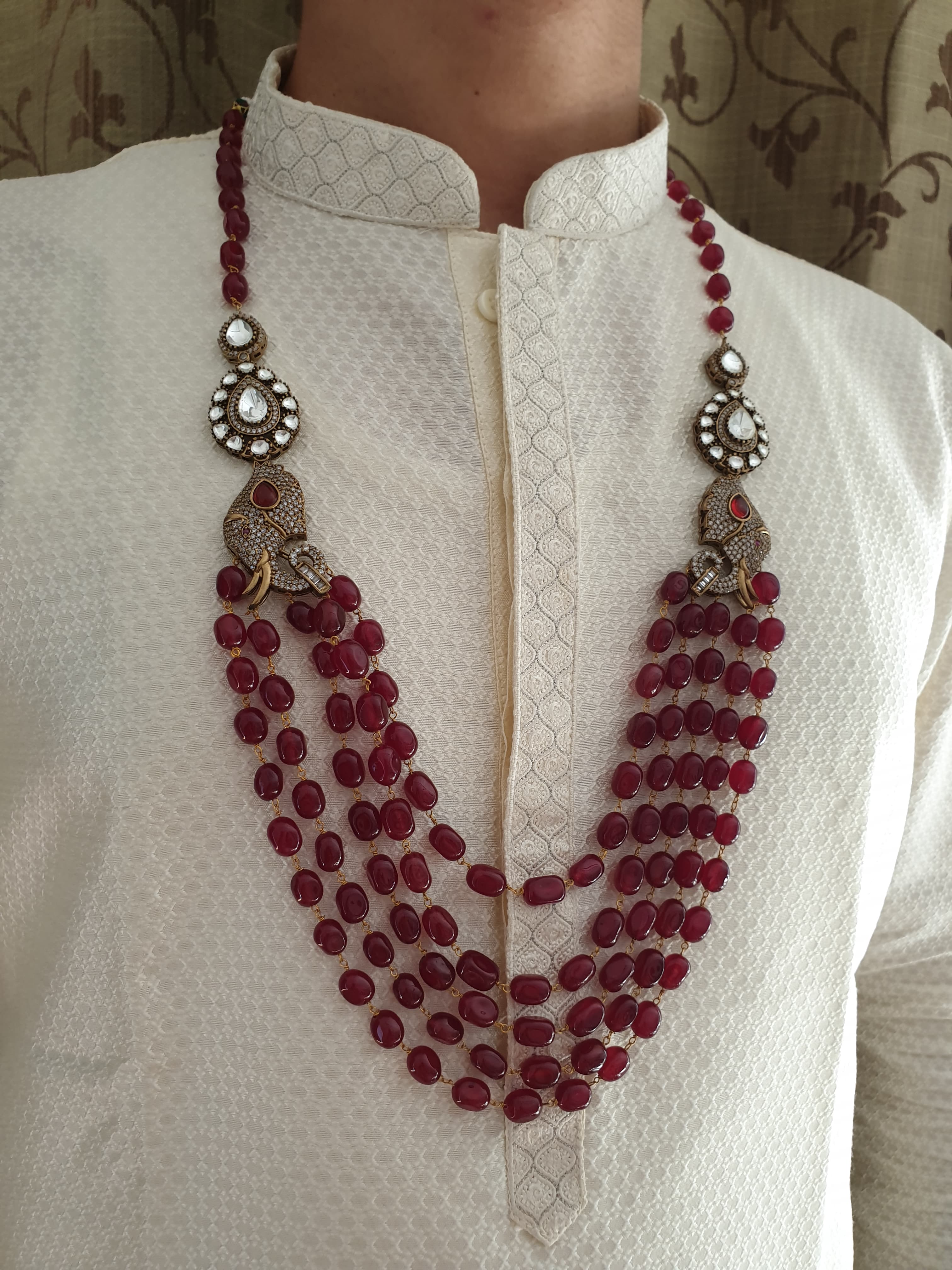 Ruby Stone Groom Jewellery Set With AD Kundan Elephant Brooch