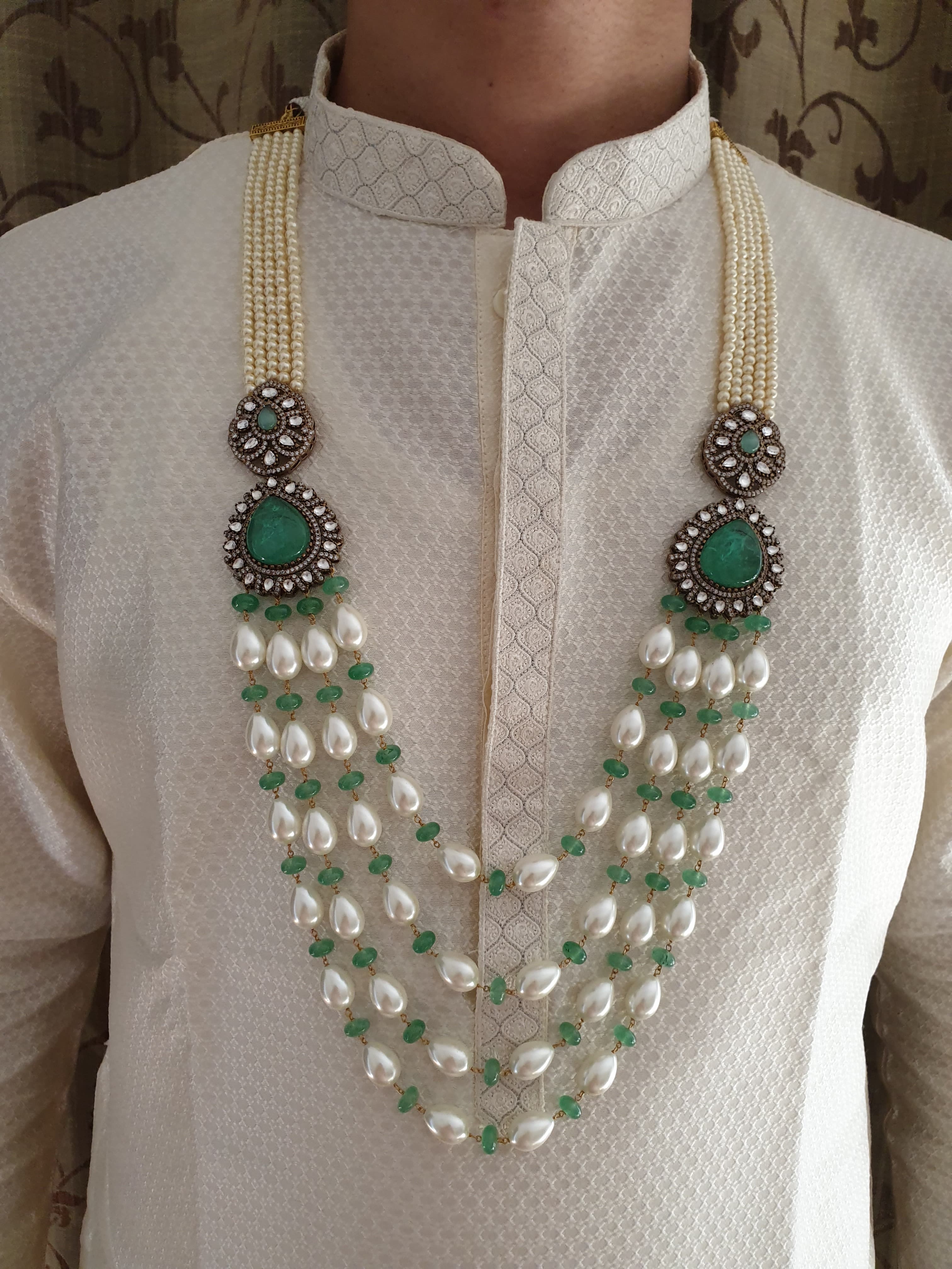 Pearl Groom Necklace For Wedding With Mint Green AD Kundan Brooch