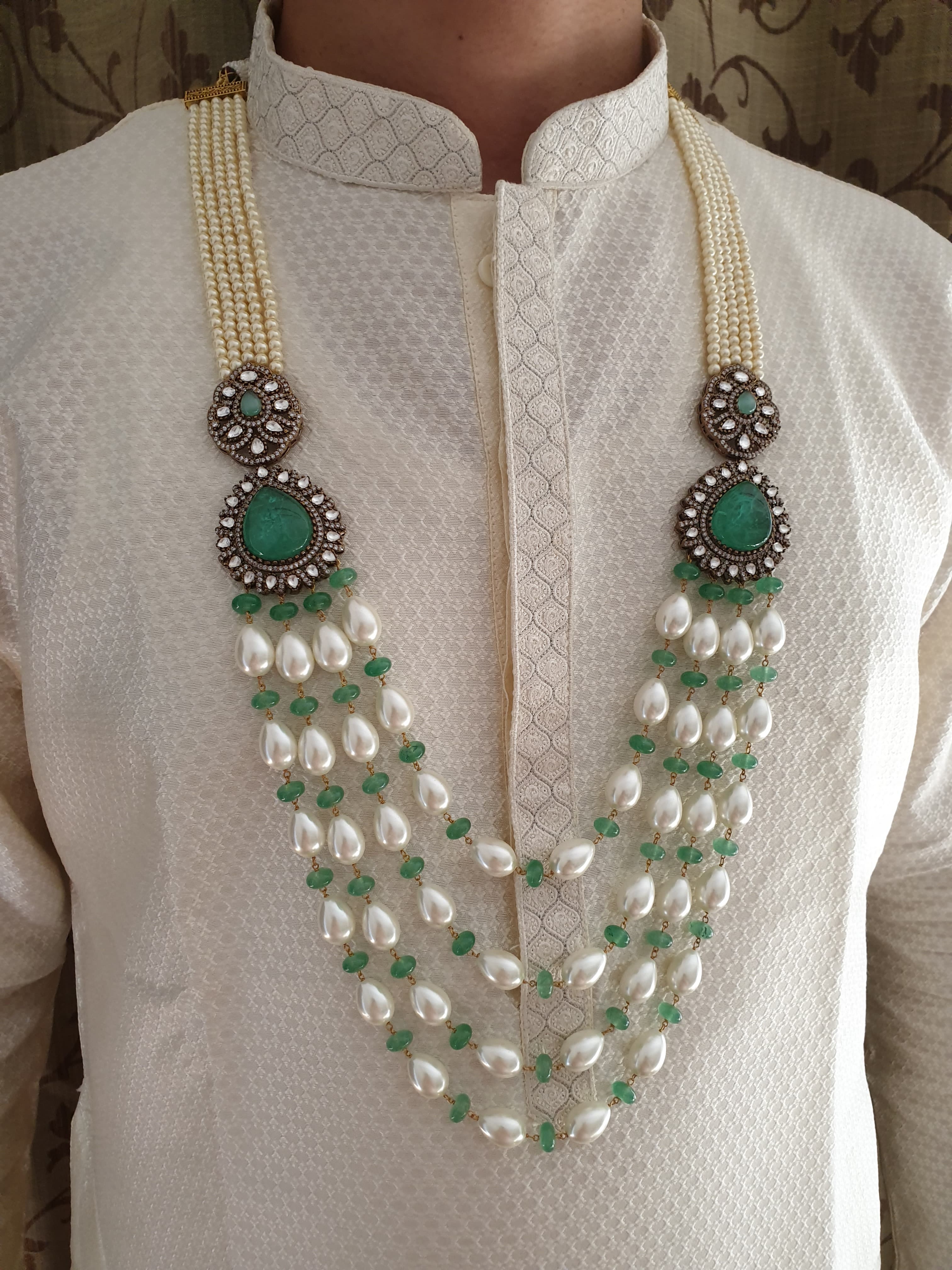 Pearl Groom Necklace For Wedding With Mint Green AD Kundan Brooch