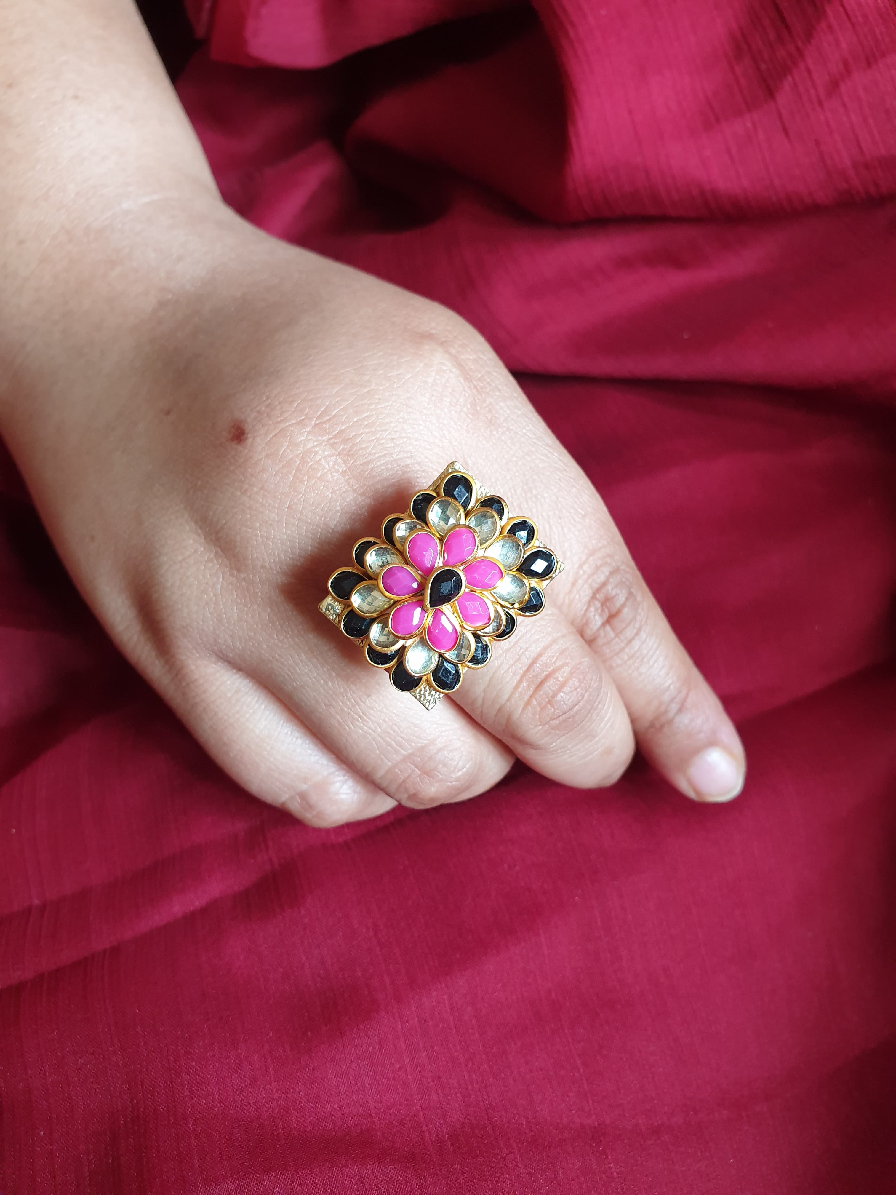 Pink Black Stone Floral Adjustable Ring