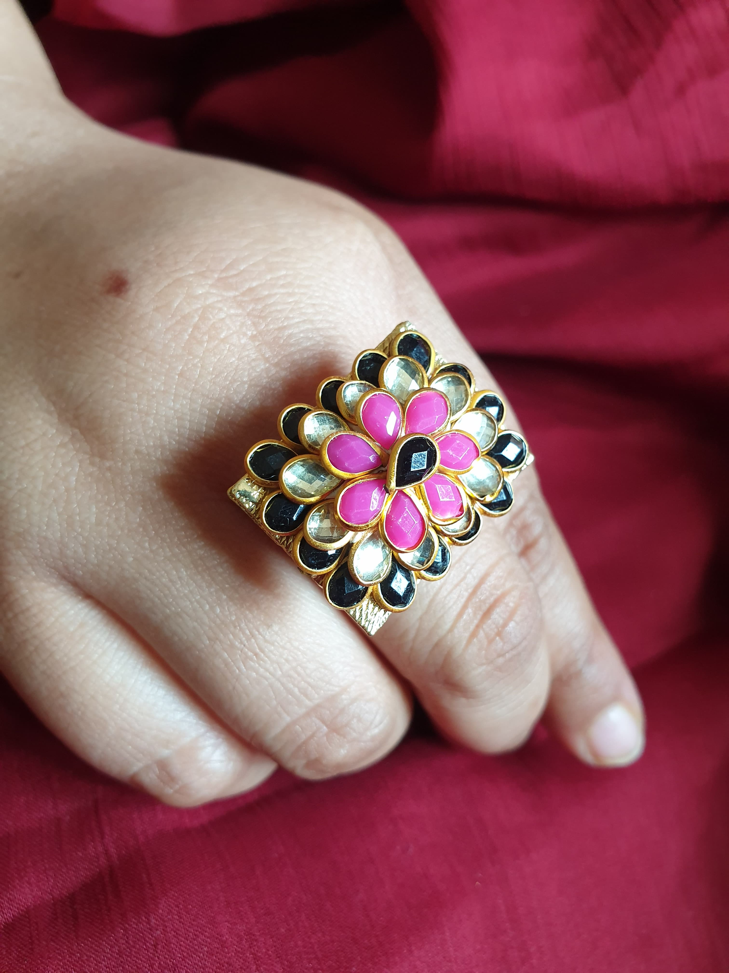 Pink Black Stone Floral Adjustable Ring