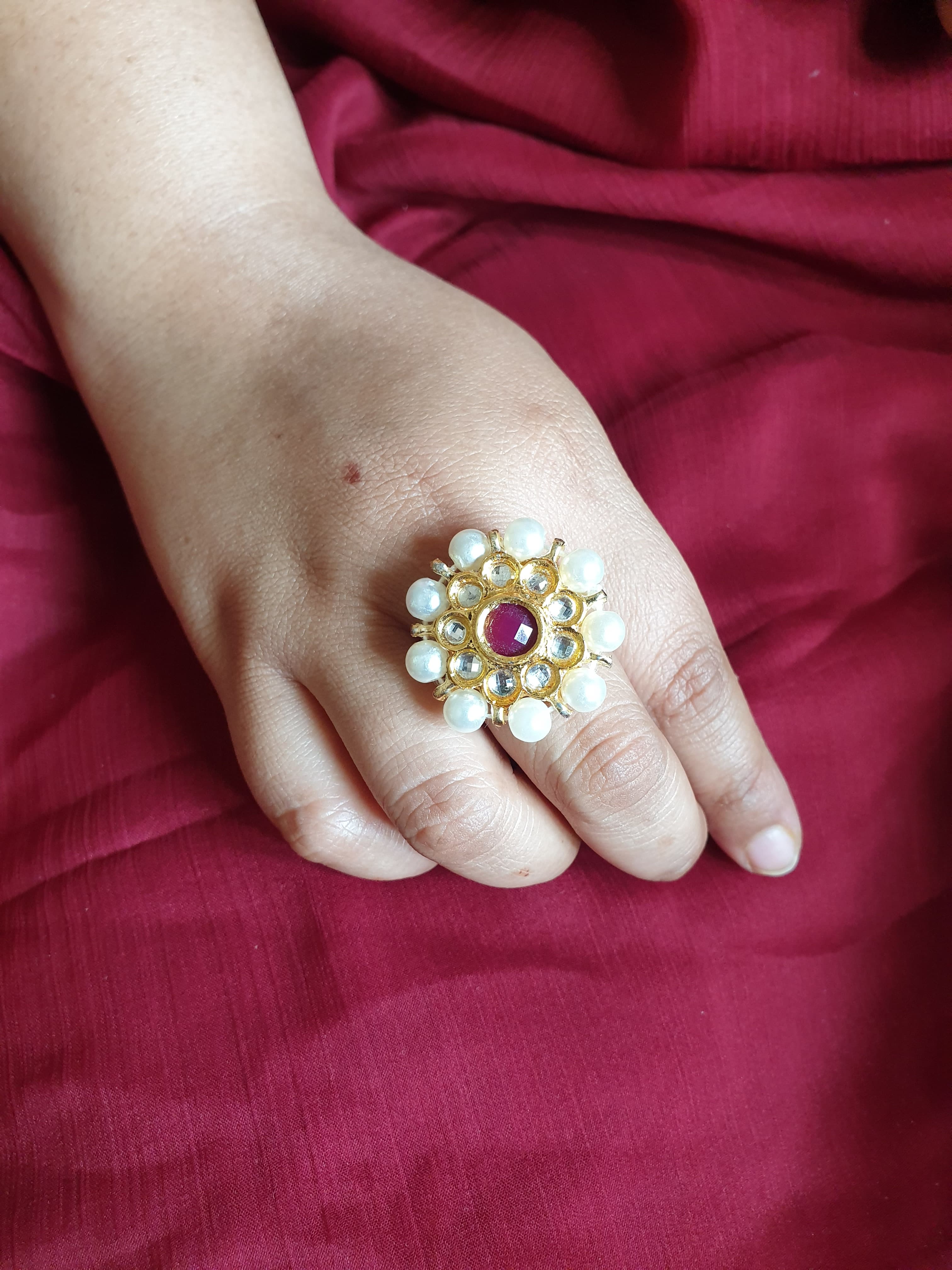 Kundan Pearl Floral Adjustable Ring