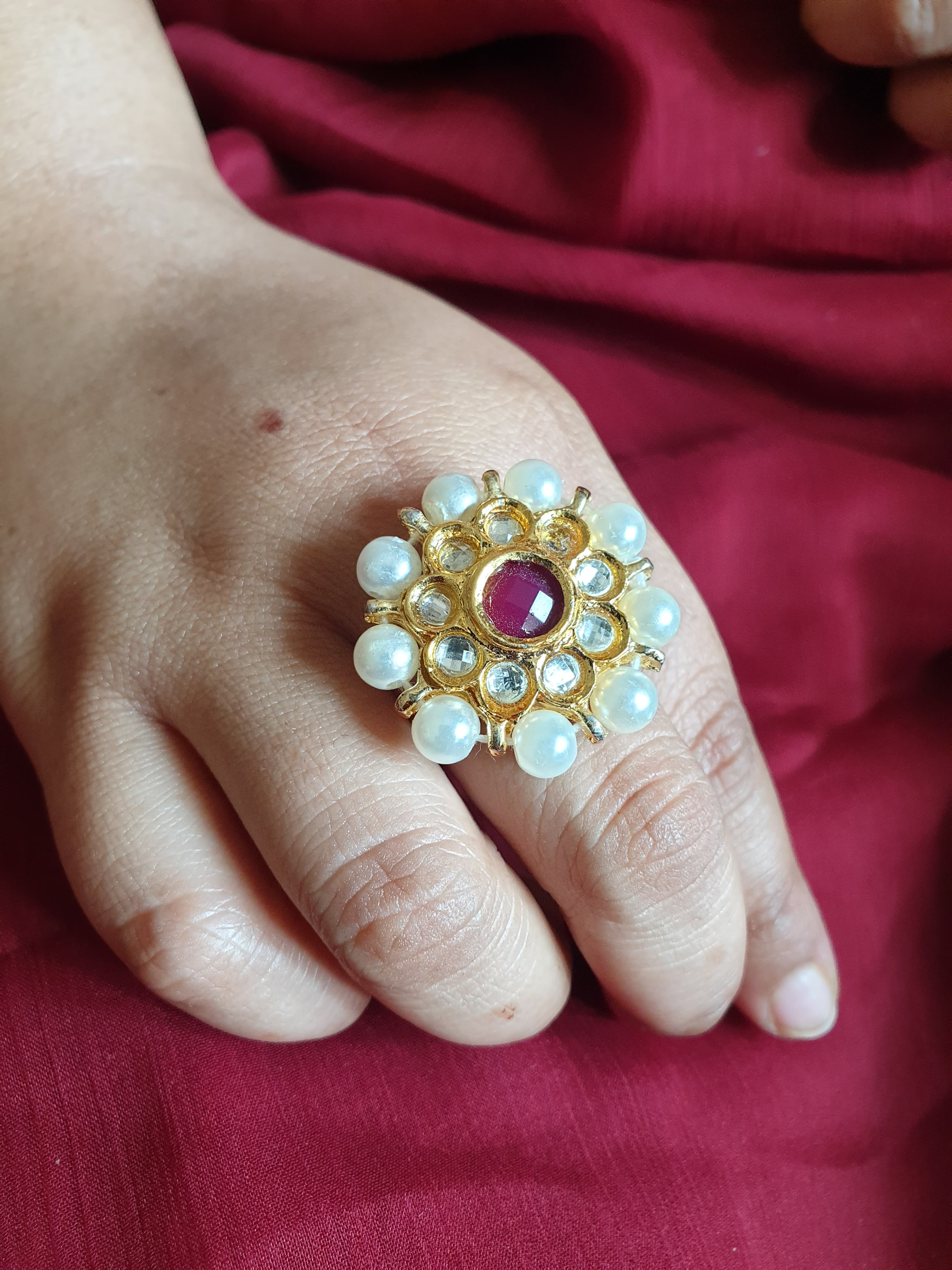 Kundan Pearl Floral Adjustable Ring