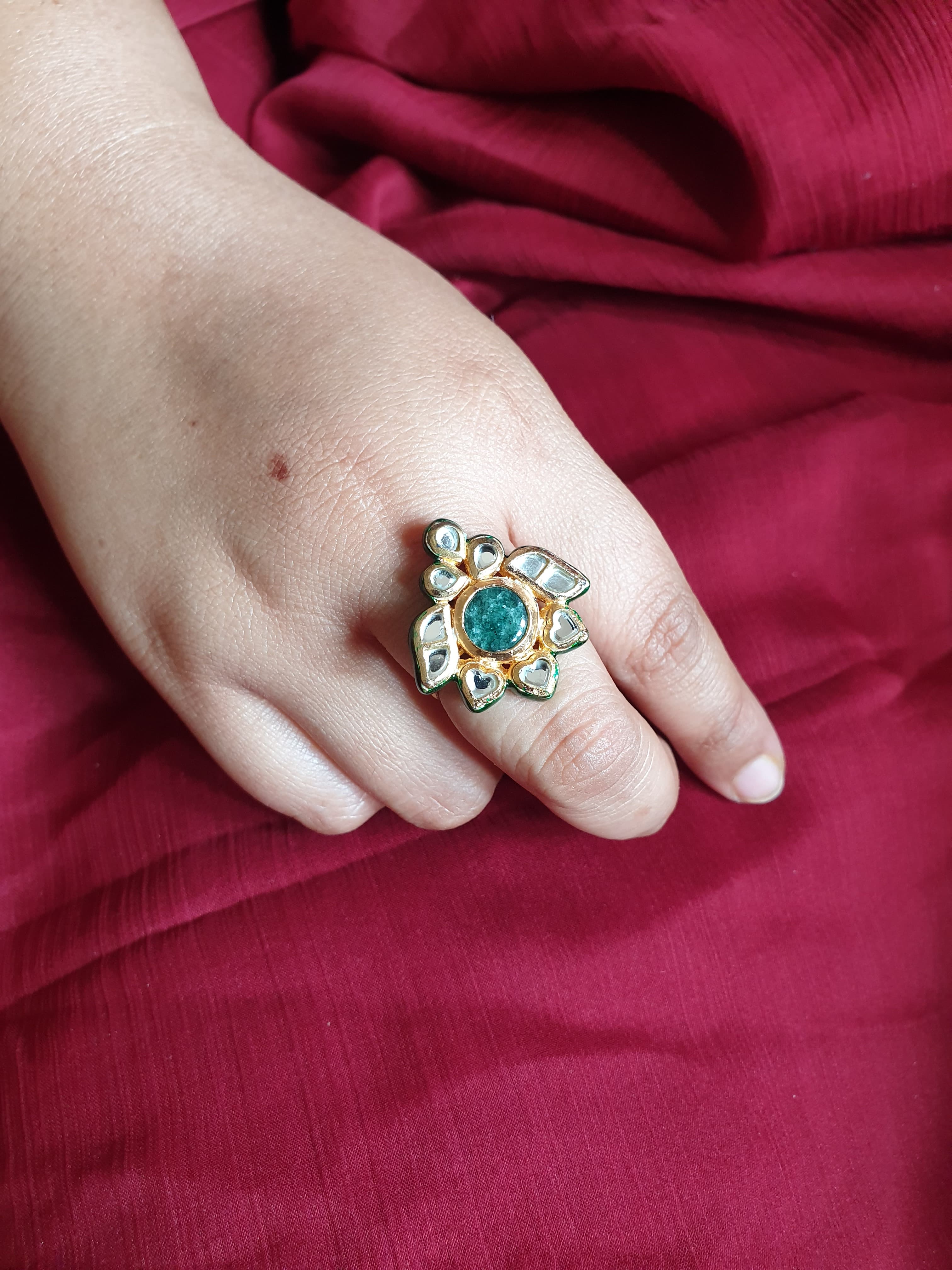 Kundan Green Stone Adjustable Ring