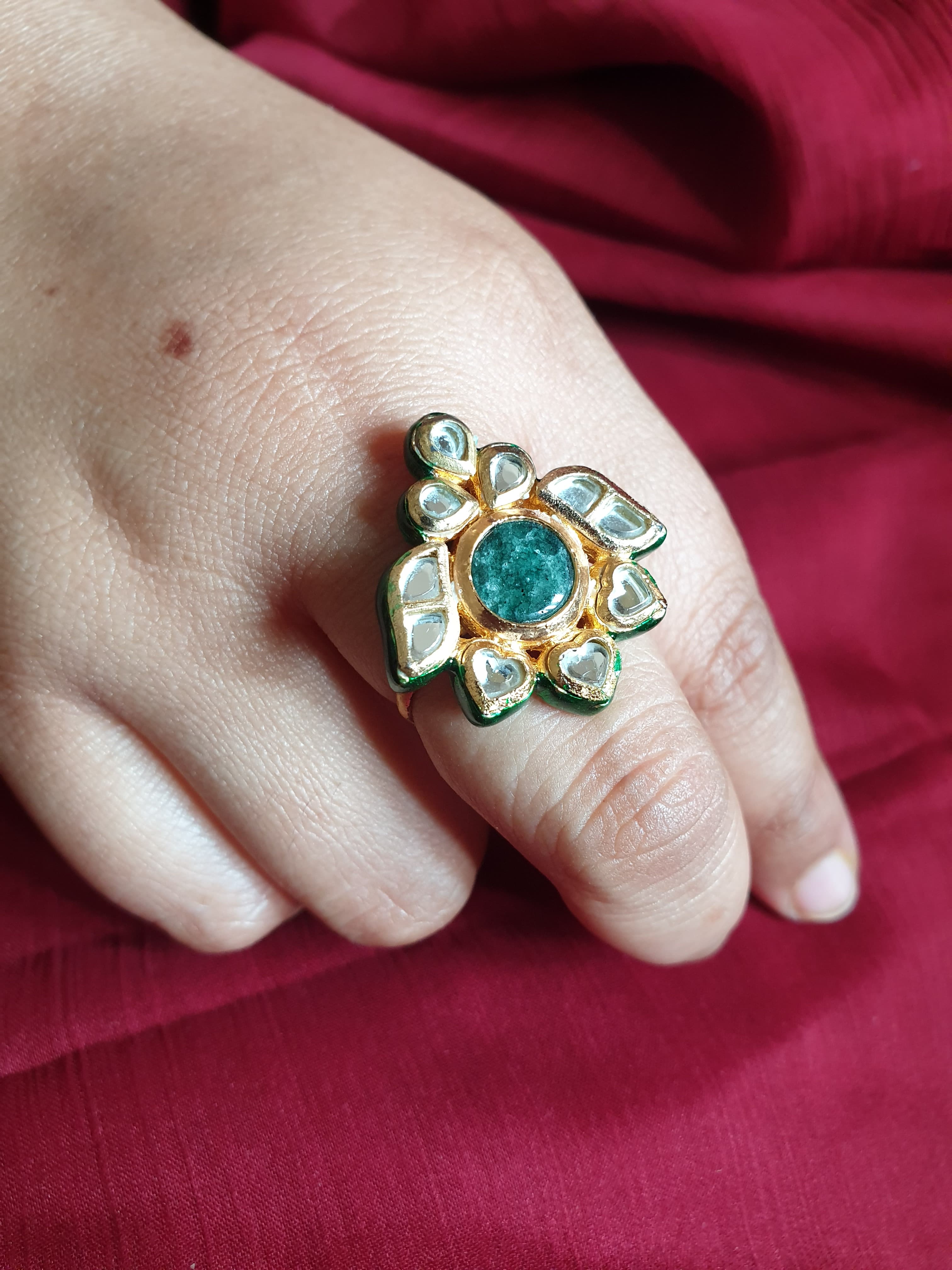 Kundan Green Stone Adjustable Ring