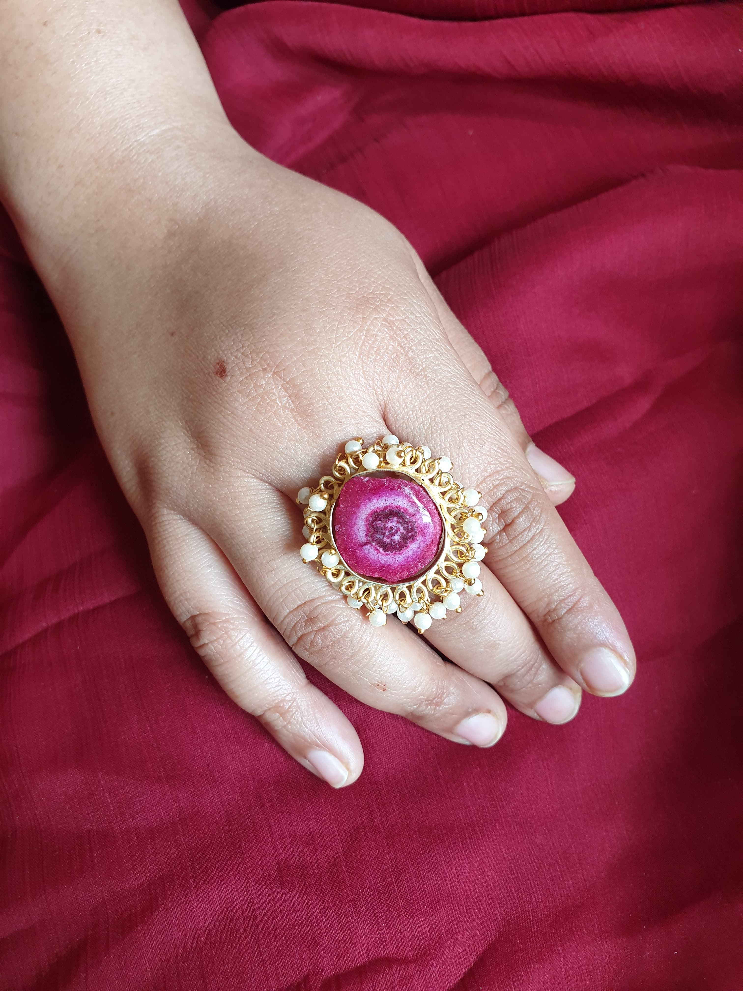 Pink Stone Gold Plated Adjustable Ring