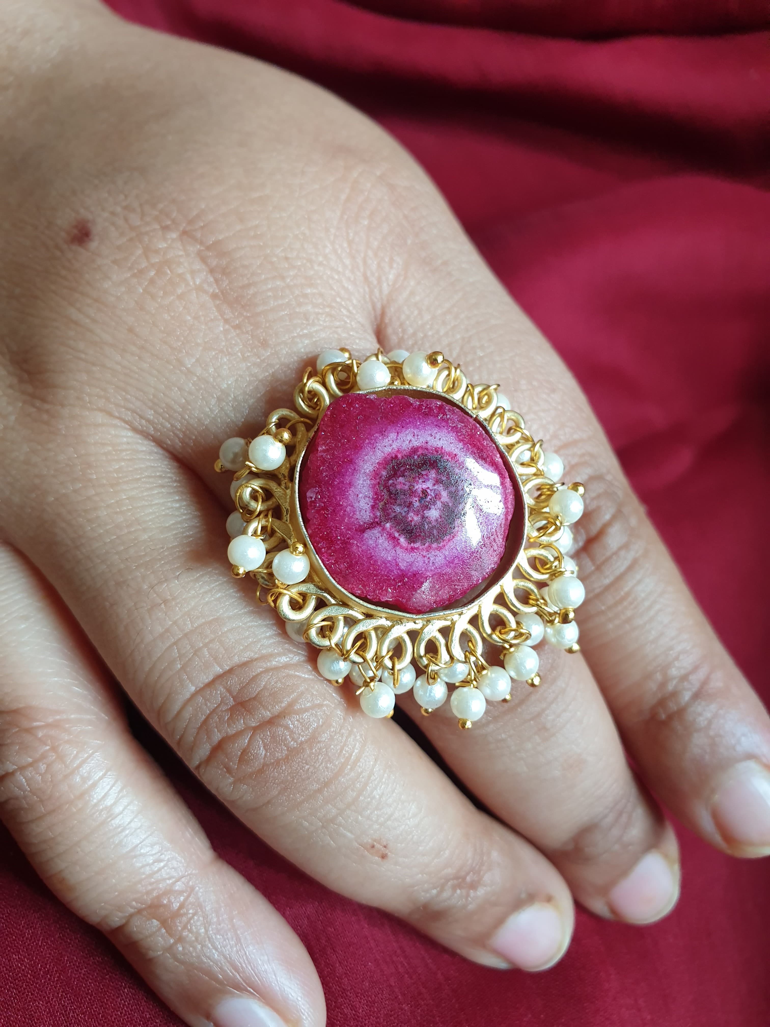 Pink Stone Gold Plated Adjustable Ring