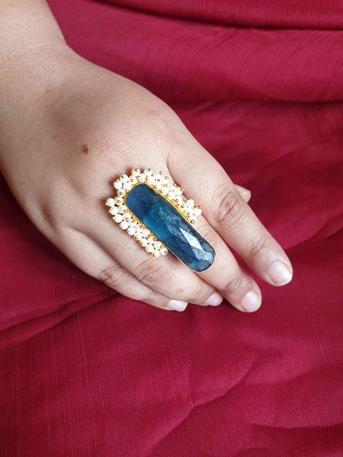 Blue Stone Pearl Adjustable Ring