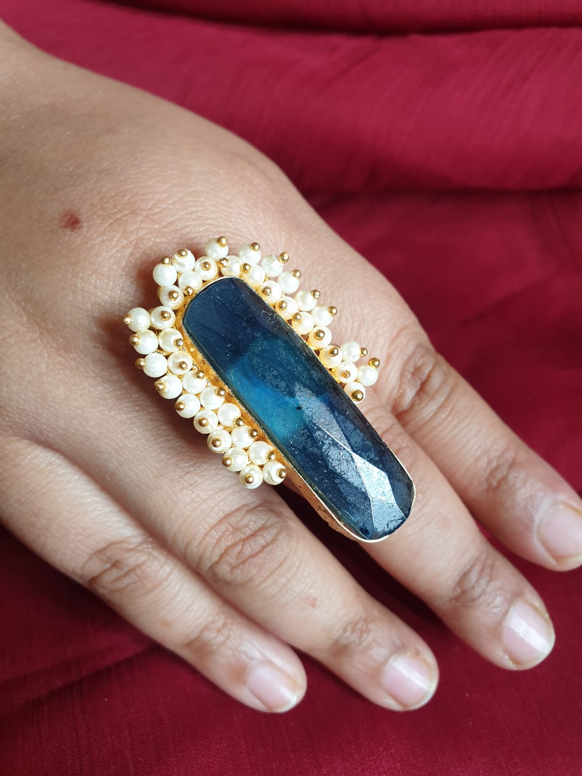 Blue Stone Pearl Adjustable Ring
