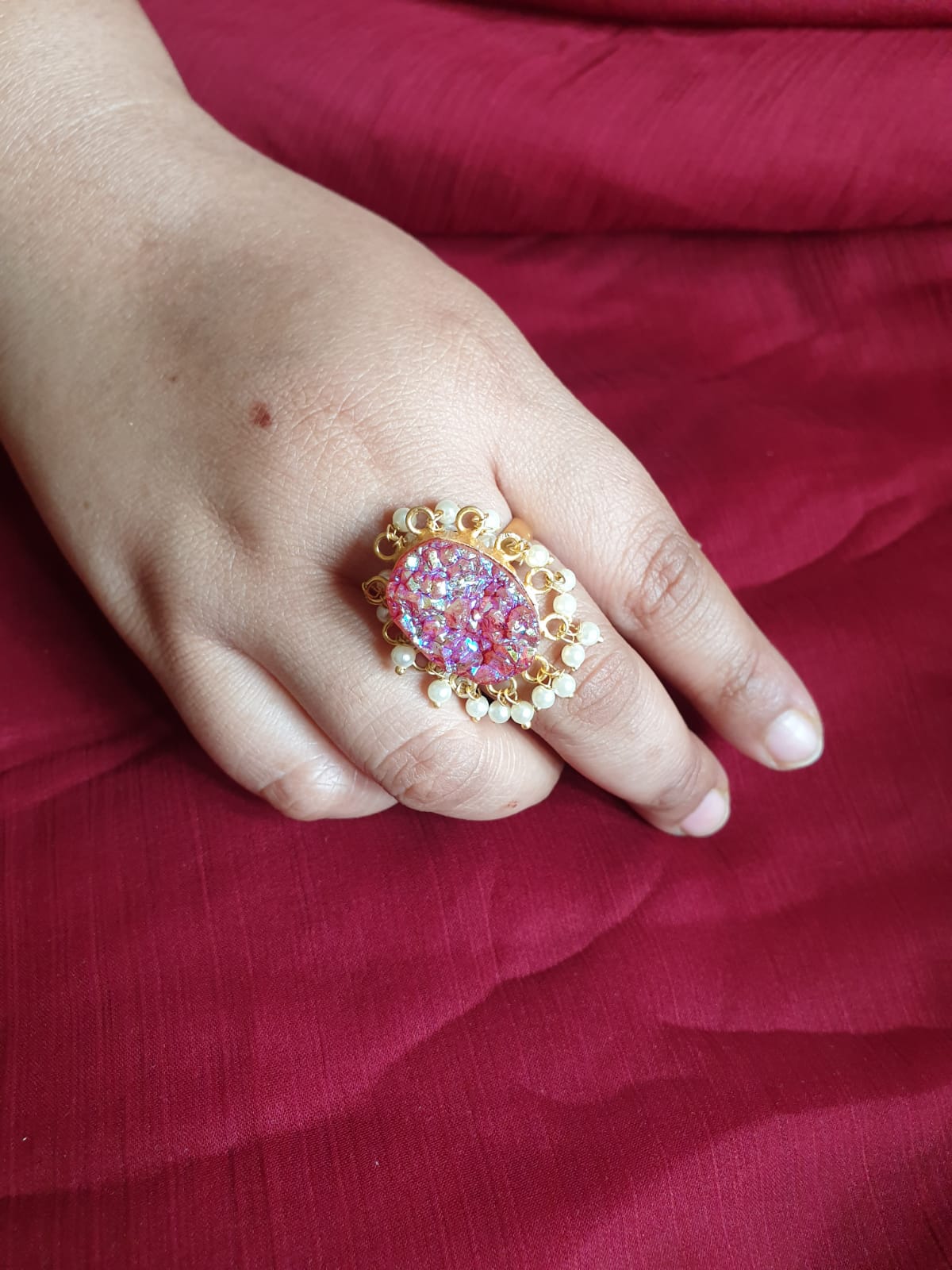 Rainbow Shine Pink Stone Adjustable Ring