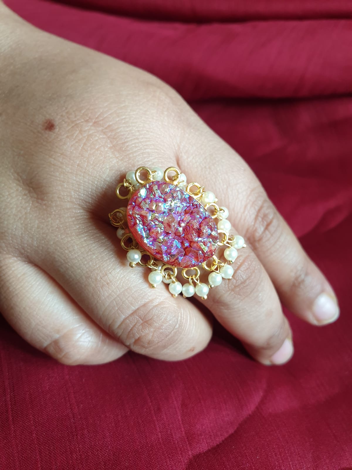 Rainbow Shine Pink Stone Adjustable Ring