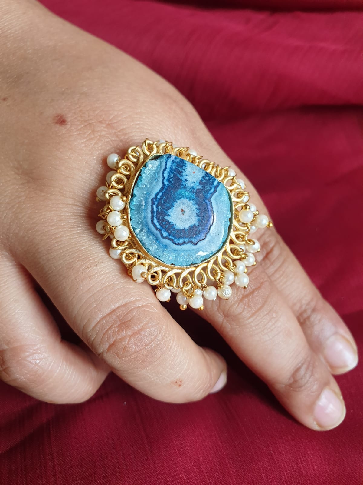 White-Blue Stone Pearl Adjustable Ring