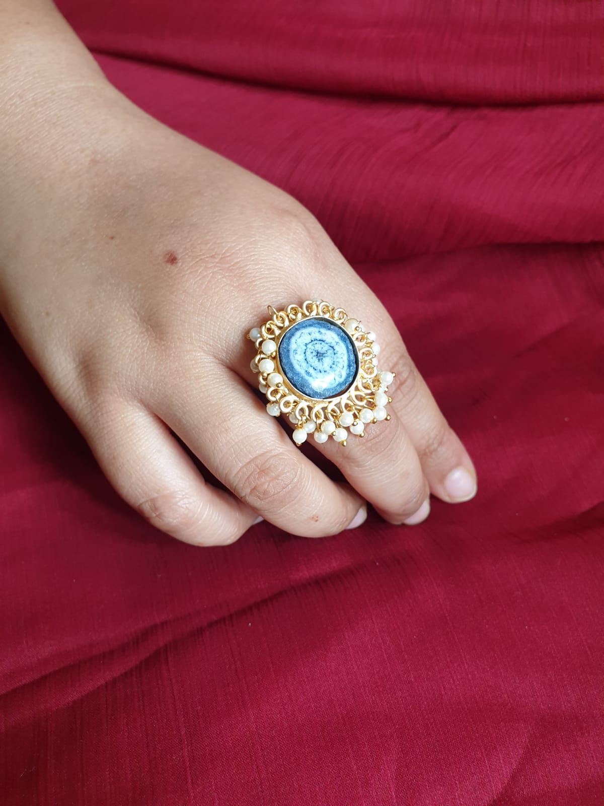 Blue White Stone Adjustable Ring