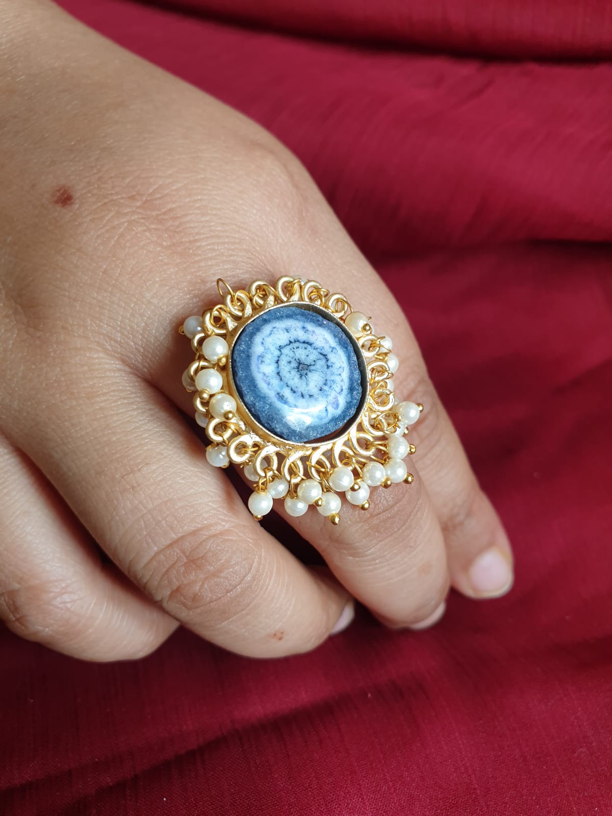 Blue White Stone Adjustable Ring