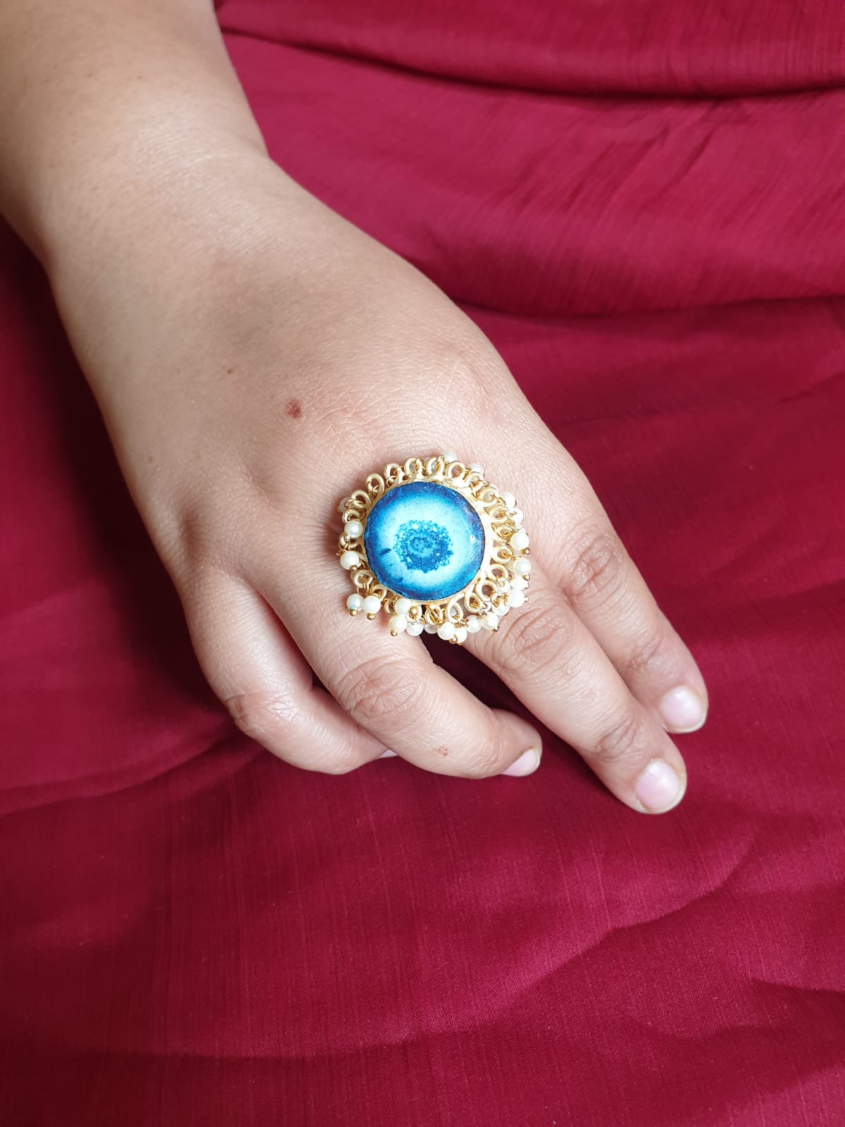 Blue Stone Pearl Adjustable Ring