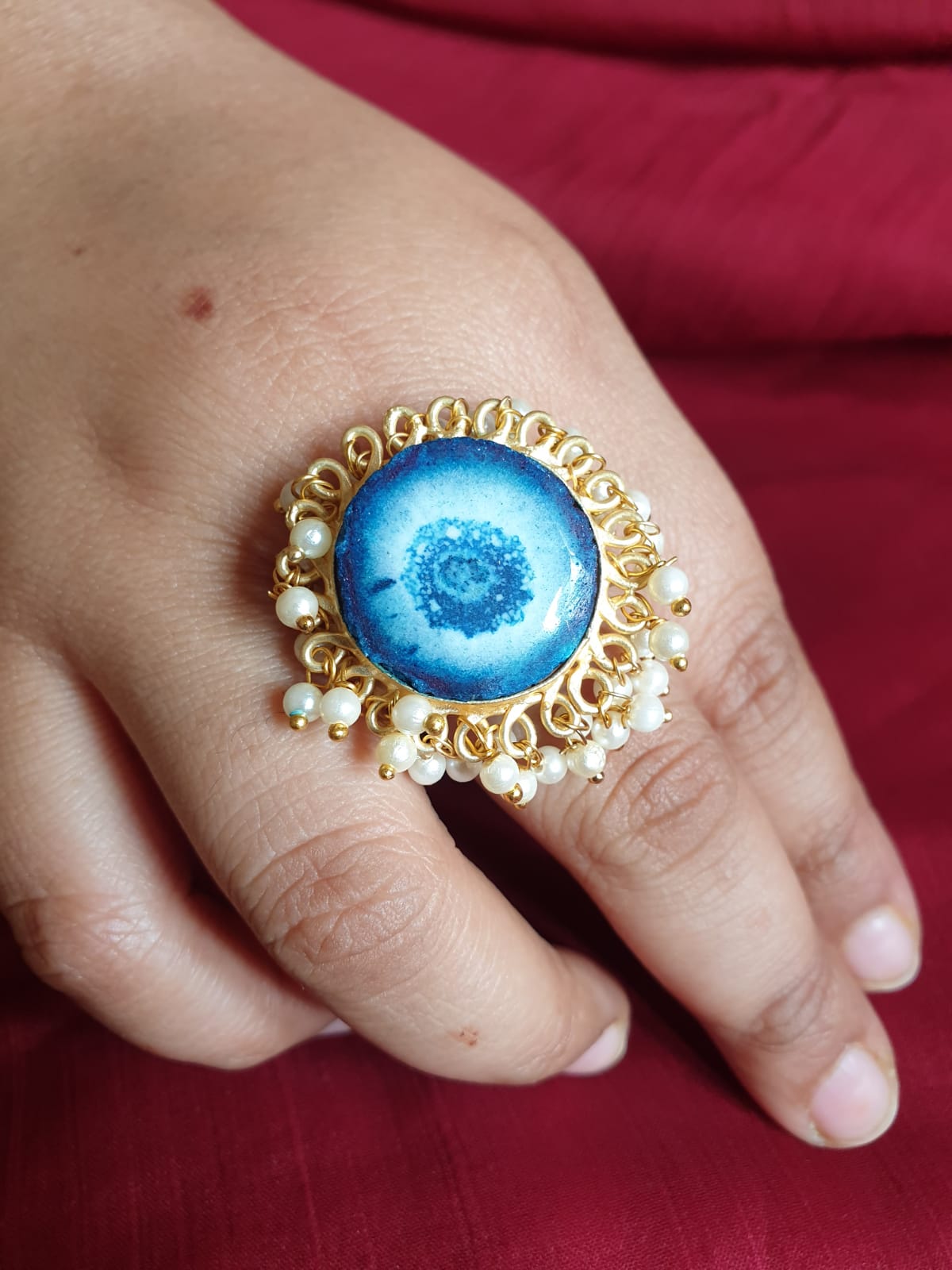 Blue Stone Pearl Adjustable Ring