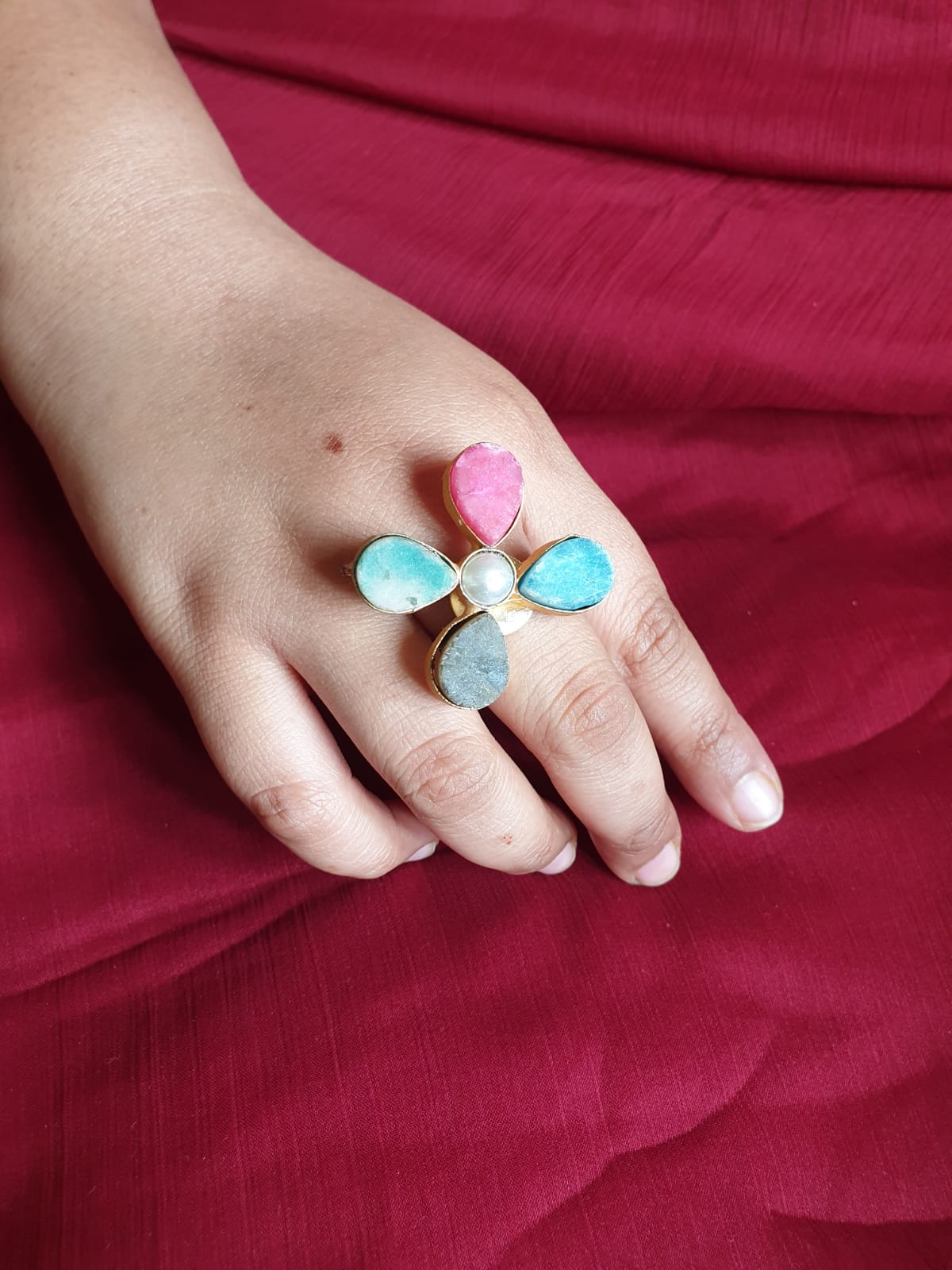 Floral Multicolor Stone Adjustable Ring