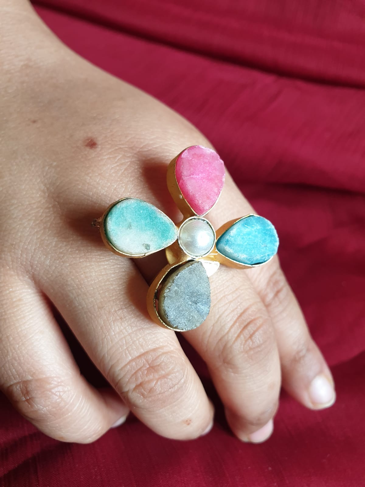 Floral Multicolor Stone Adjustable Ring