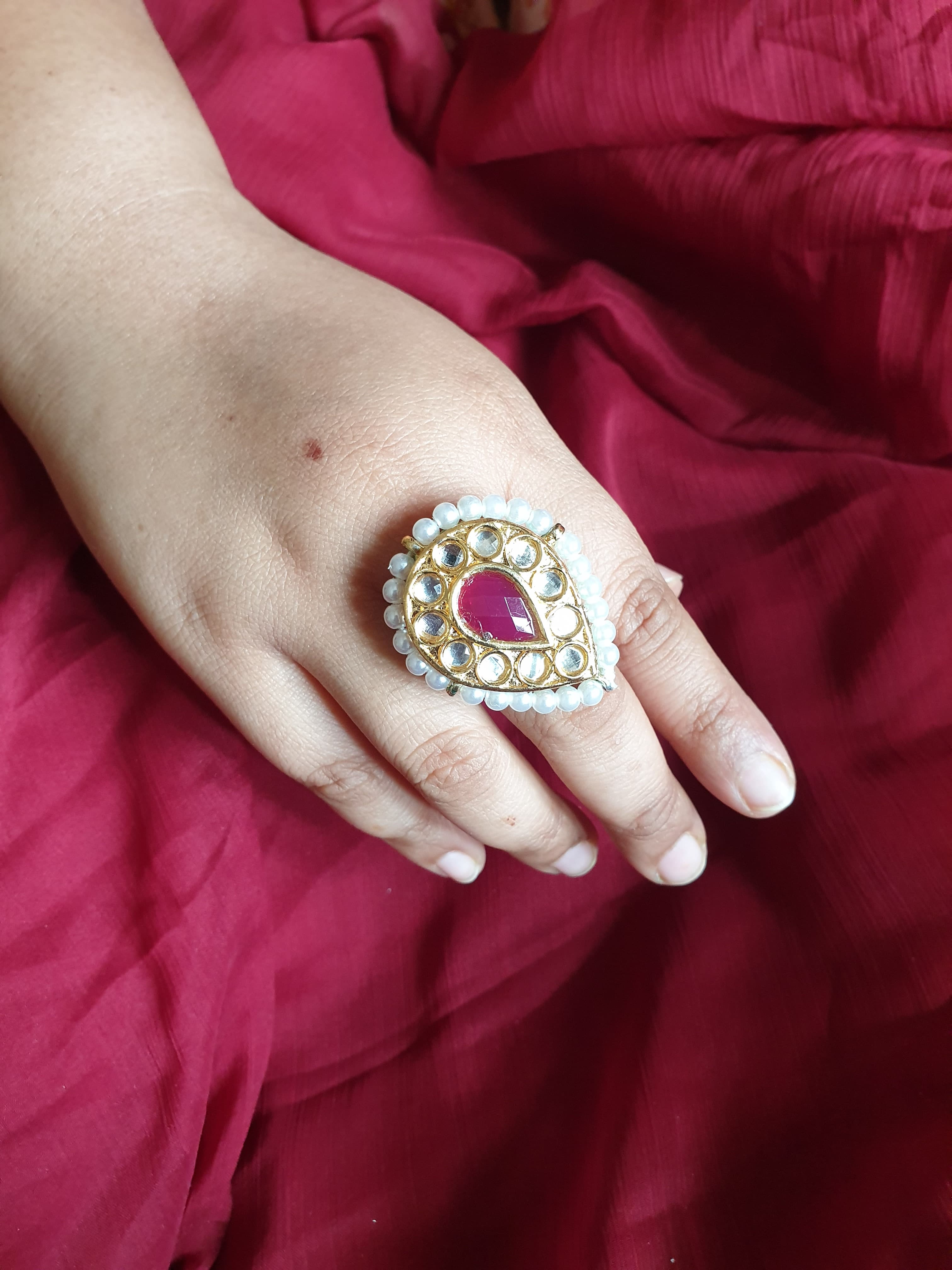 Tear-Drop Ruby Red Kundan Stone Adjustable Ring