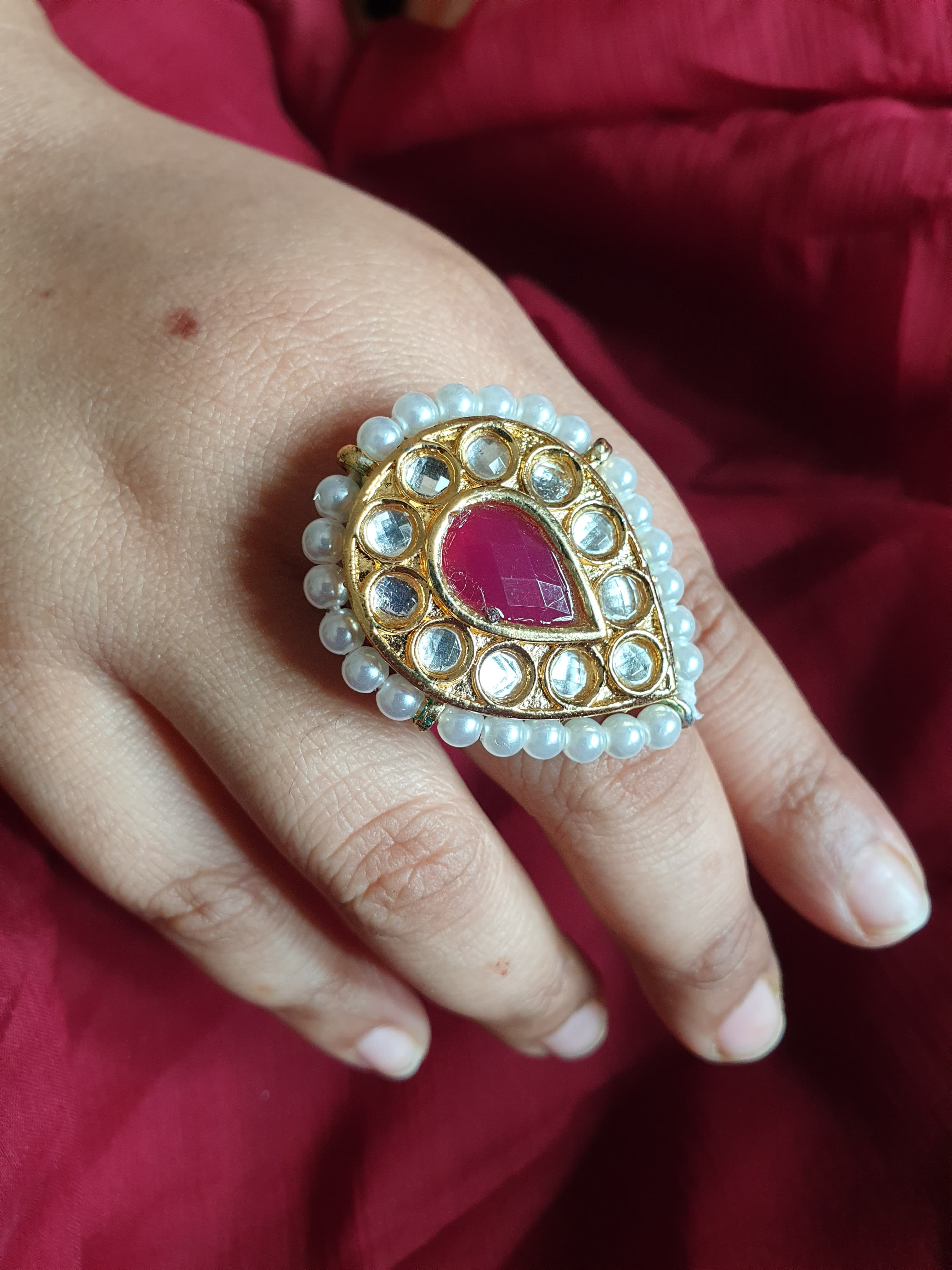 Tear-Drop Ruby Red Kundan Stone Adjustable Ring