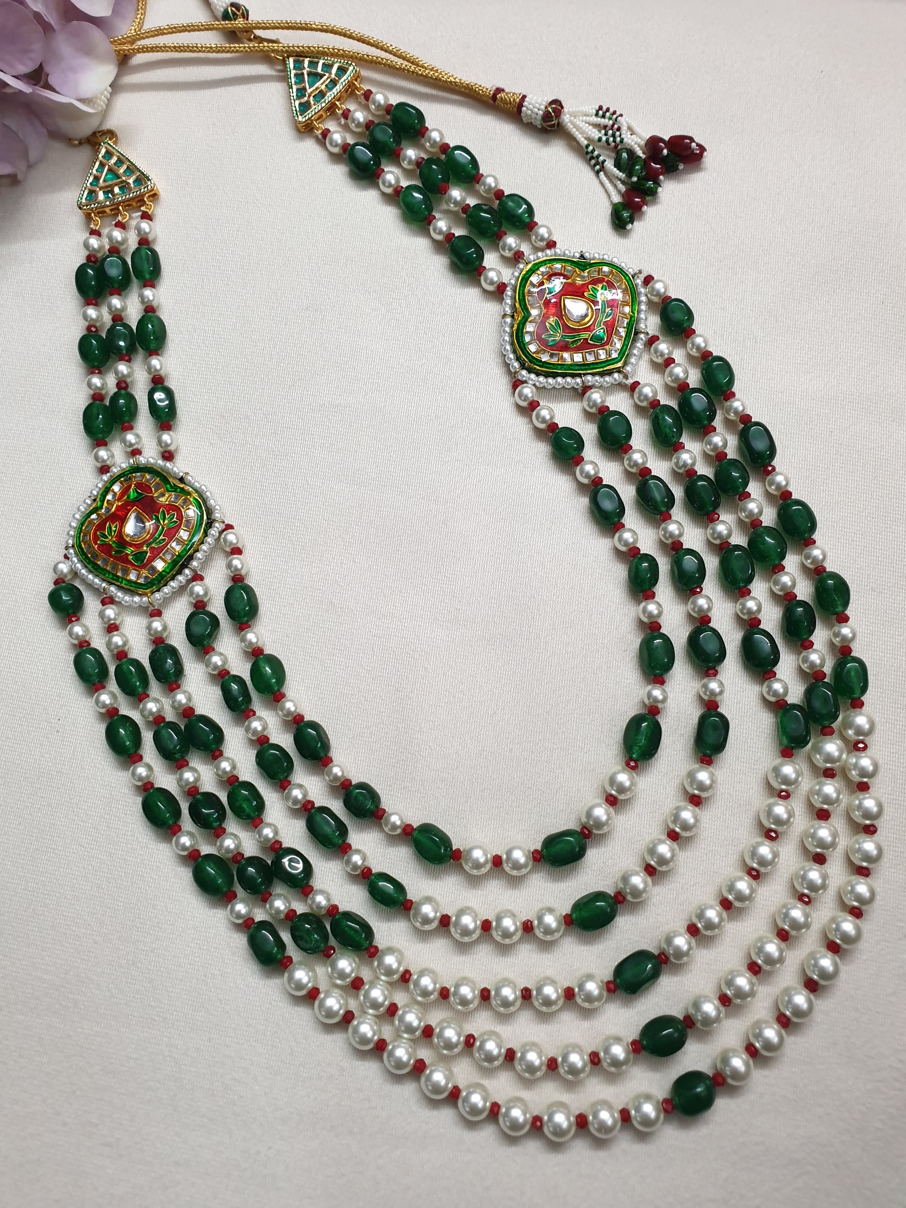 Green Kundan Meenakari Pearl Long Necklace