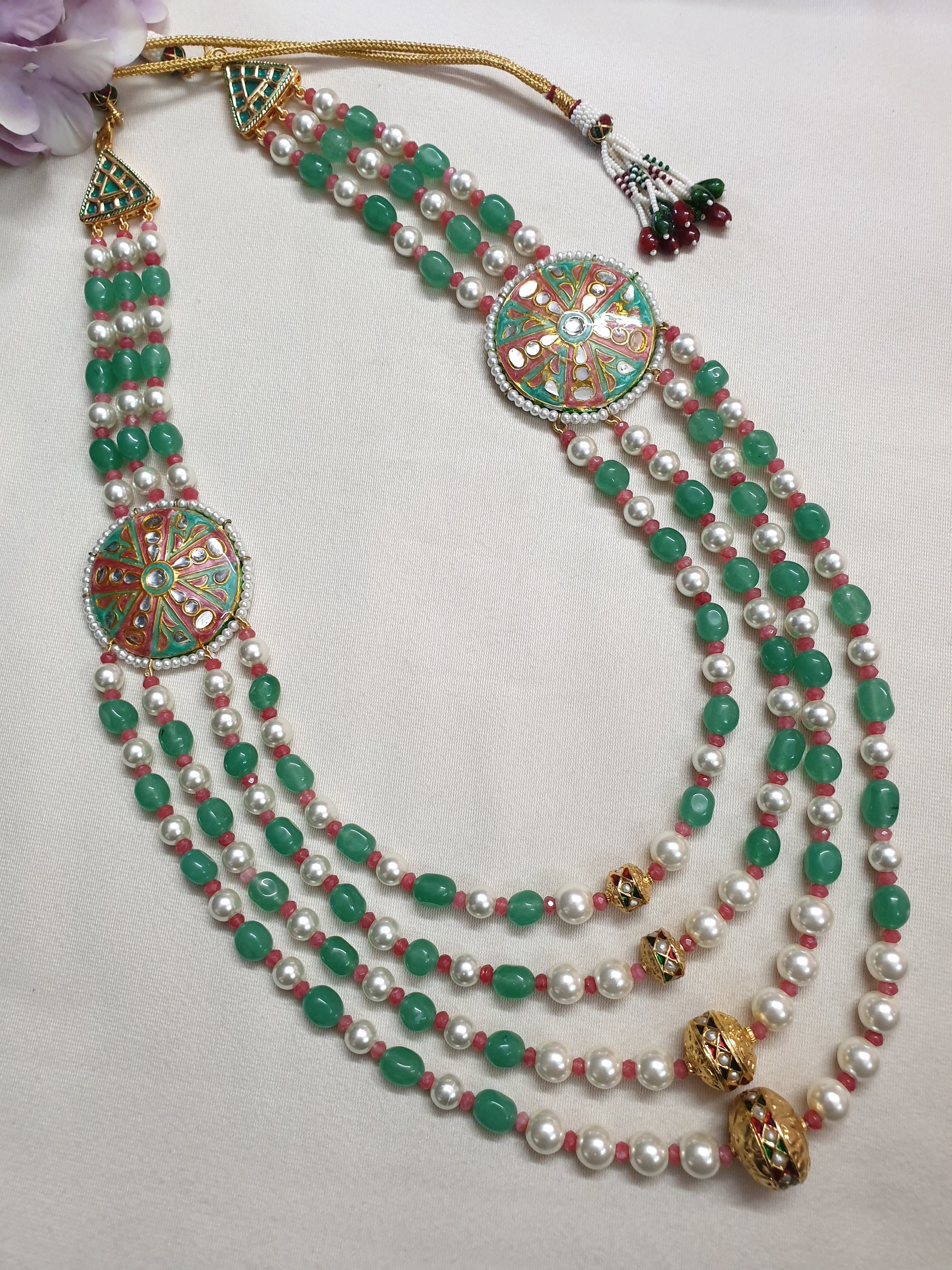 Green Kundan Meenakari Jadau Beaded Long Necklace