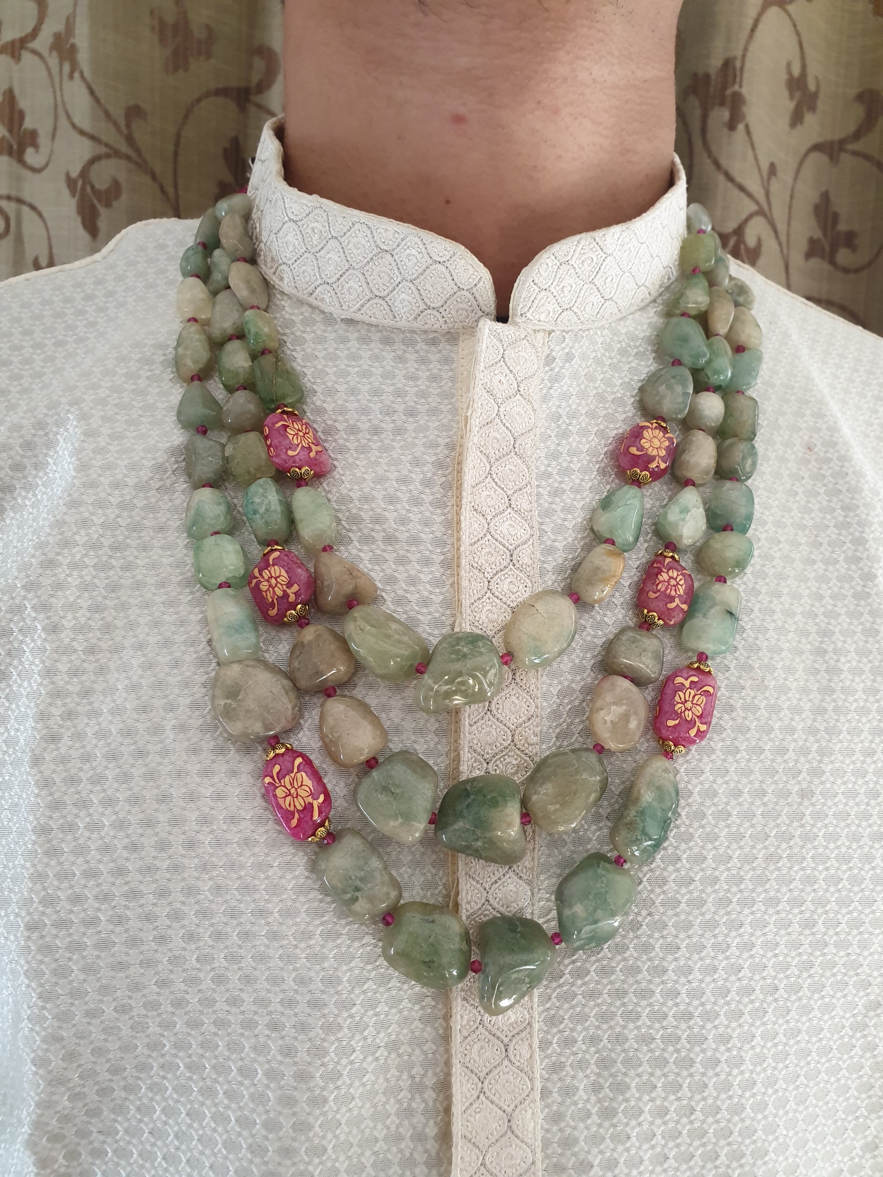 Emerald Green Stone Handpainted Beads Three Layered Groom Necklace