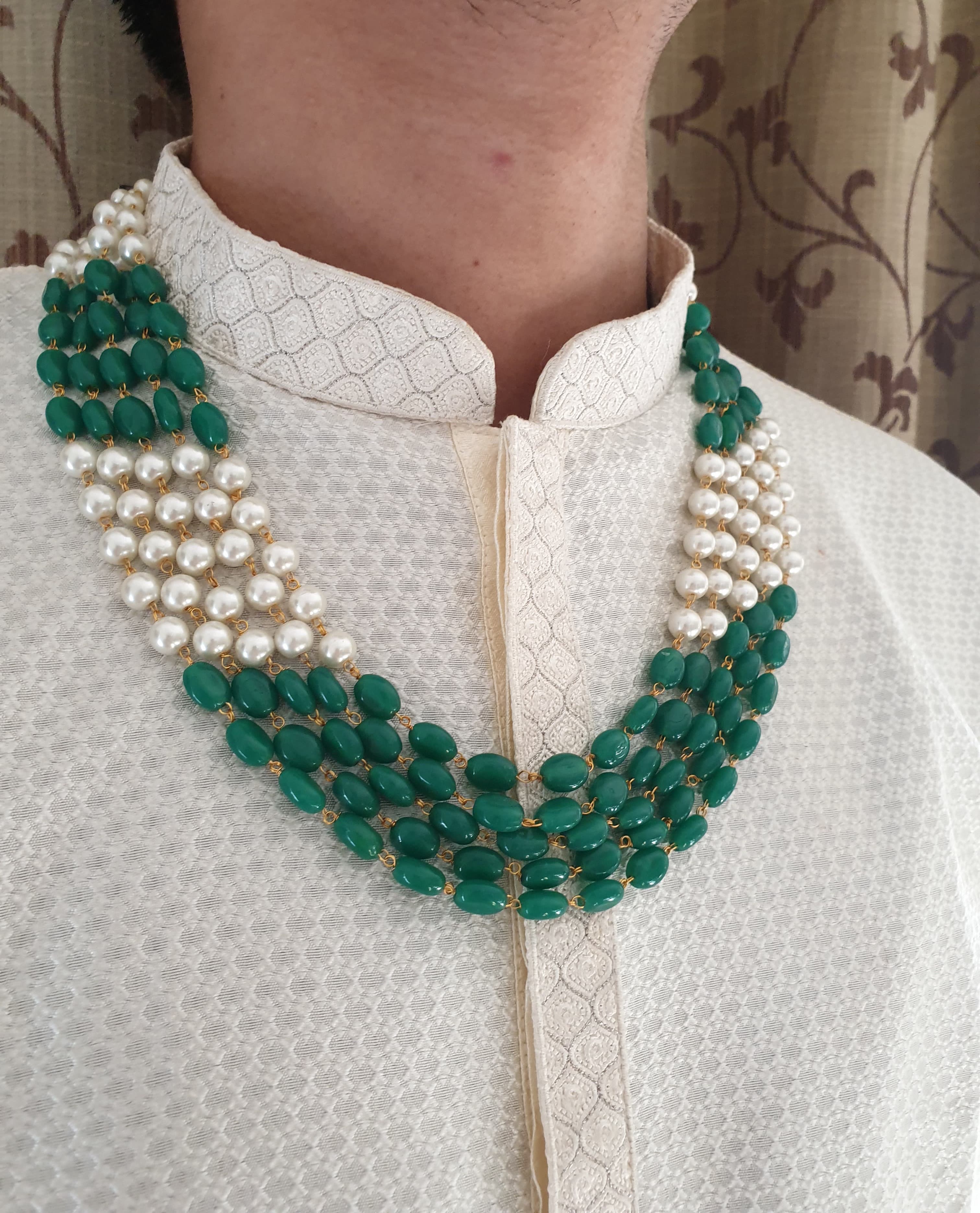 Pearl And Emerald Green Beads Five Layered Necklace Set for Groom