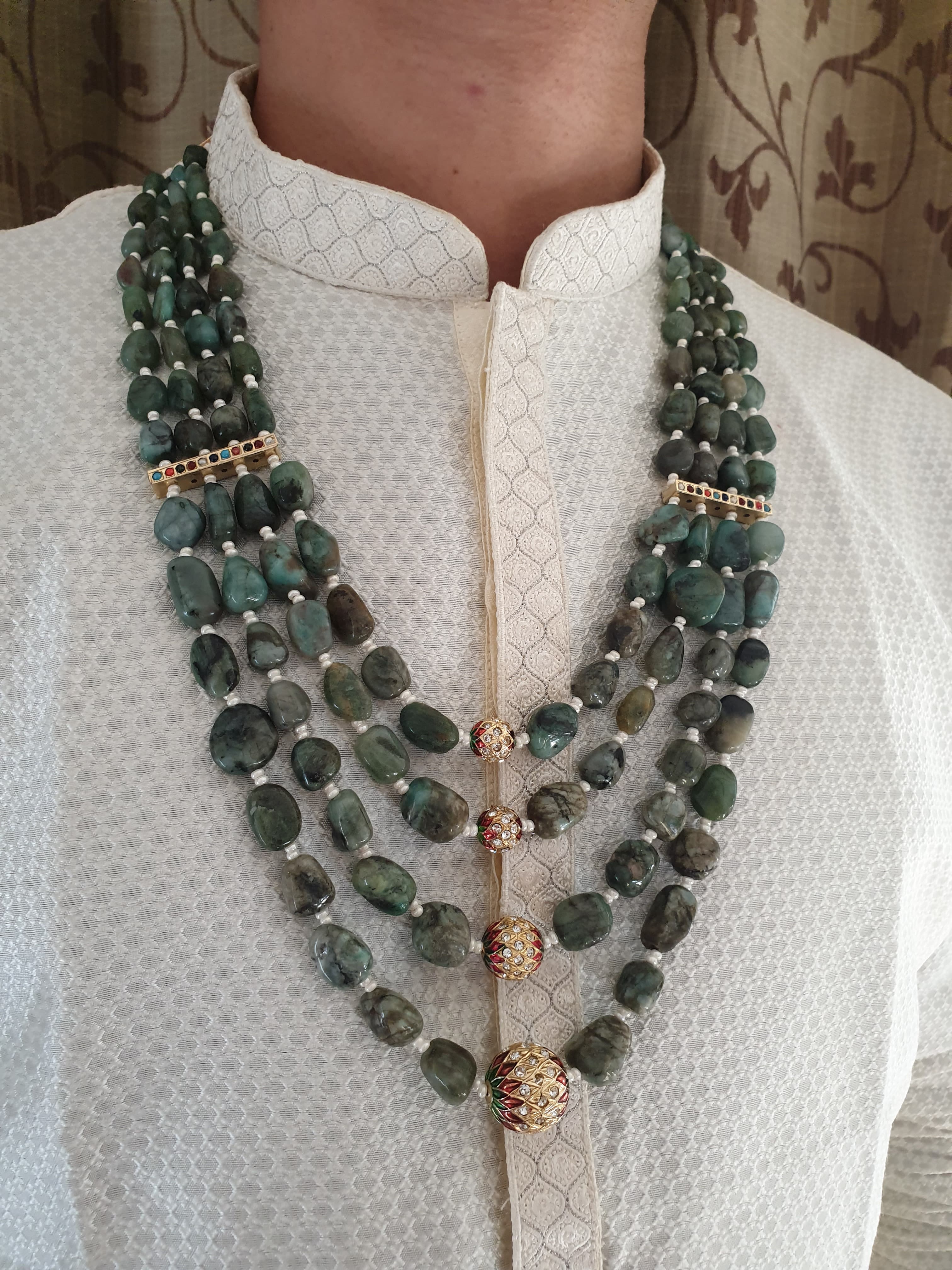 Real Emerald Stone Jadau Beaded Four Layered Groom Necklace Set