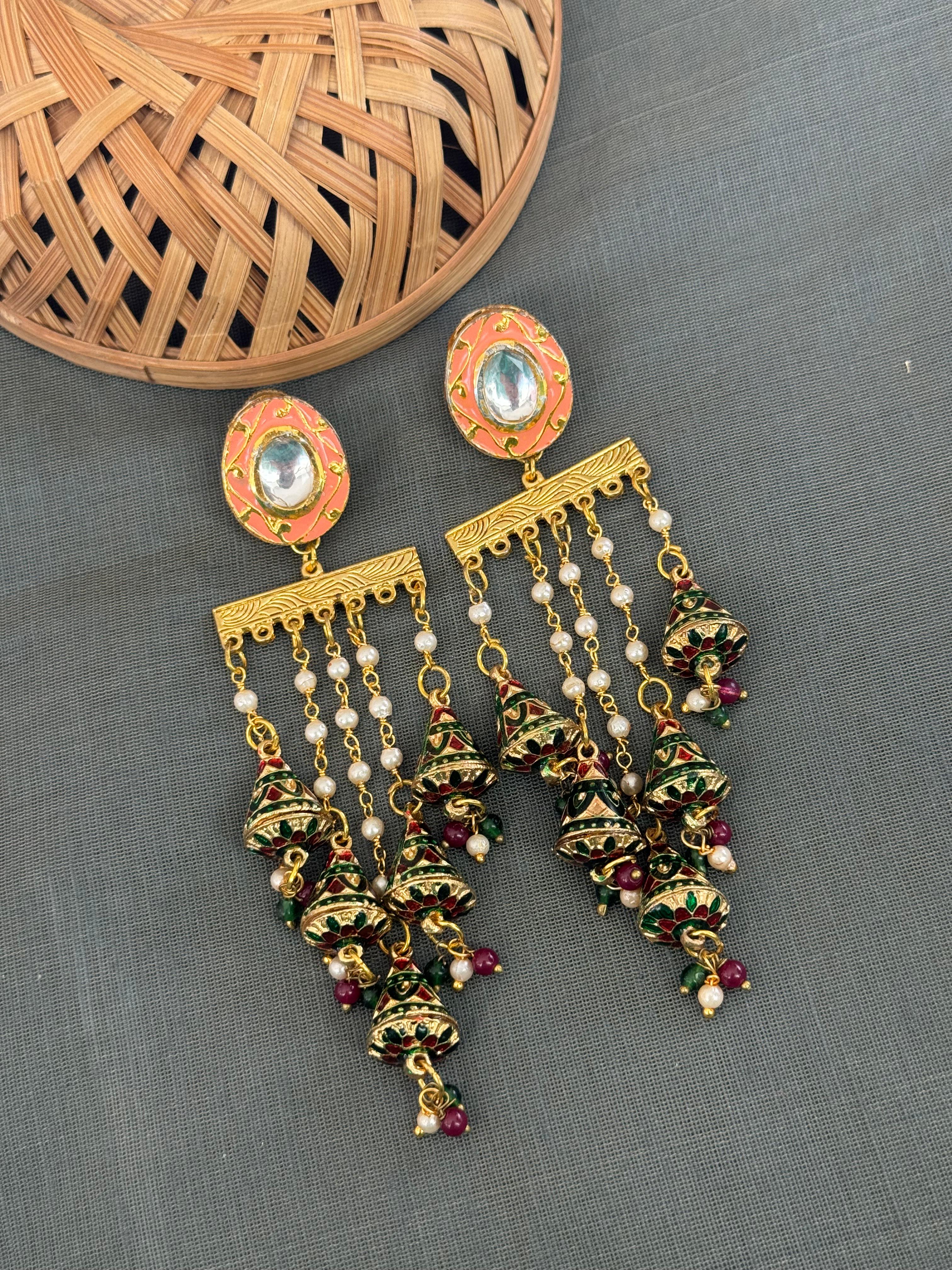 Peach Meenakari Long Pearl Earrings