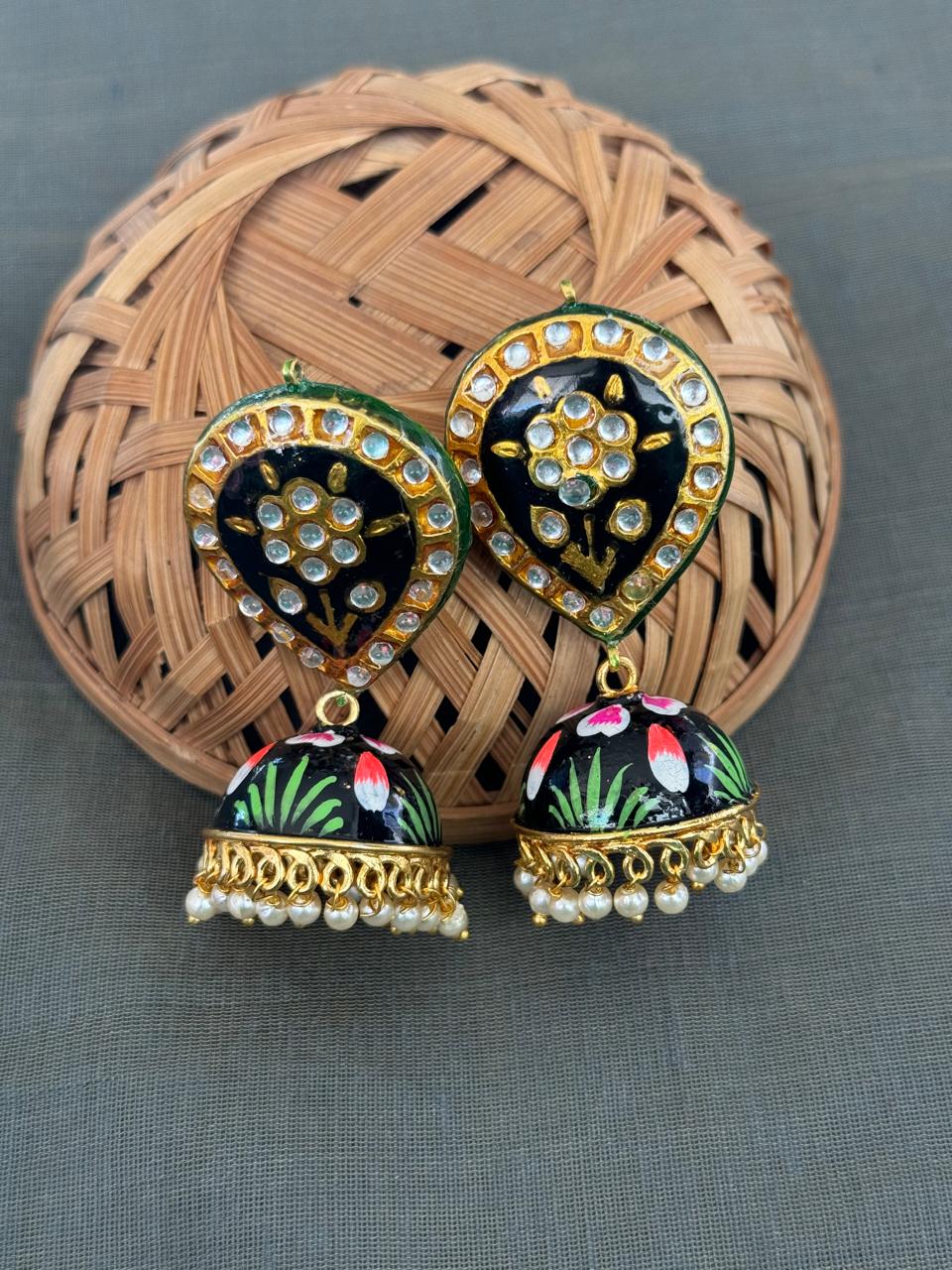 Black Kundan Handpainted Jhumki Earrings