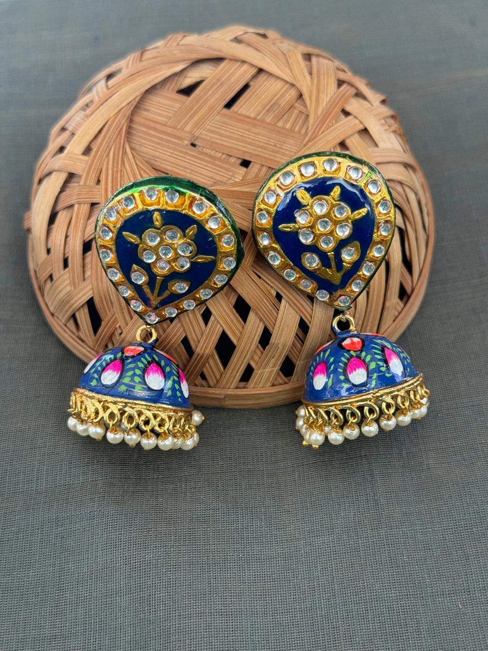 Dark Blue Kundan Handpainted Jhumki Earrings