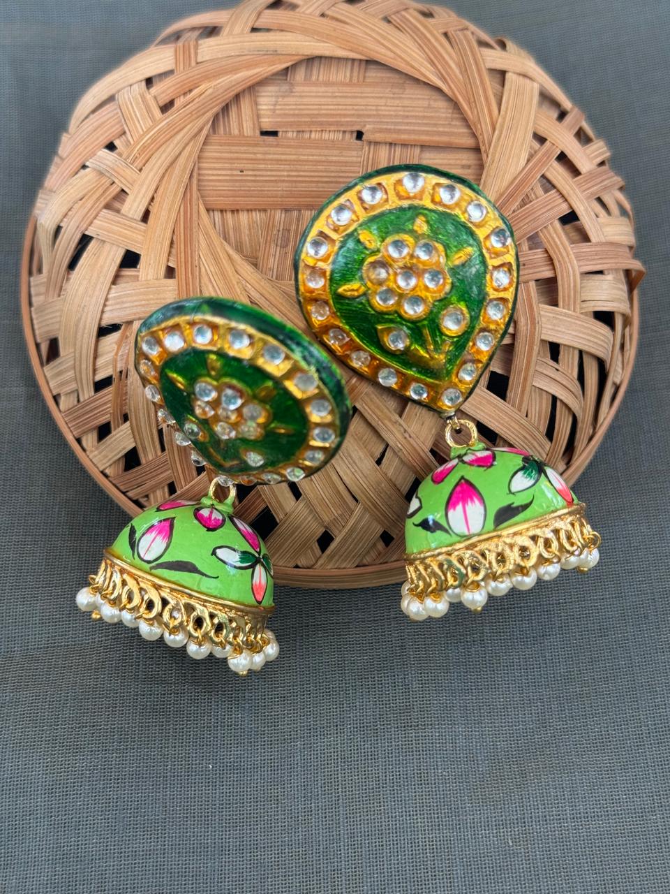 Green Kundan Handpainted Jhumki Earrings