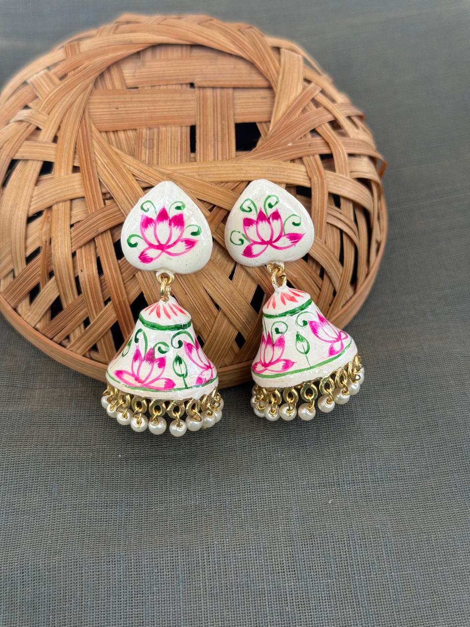 White Lotus Handpainted Jhumki Earrings