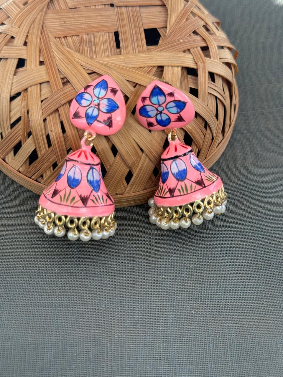 Pink Handpainted Jhumki Earrings