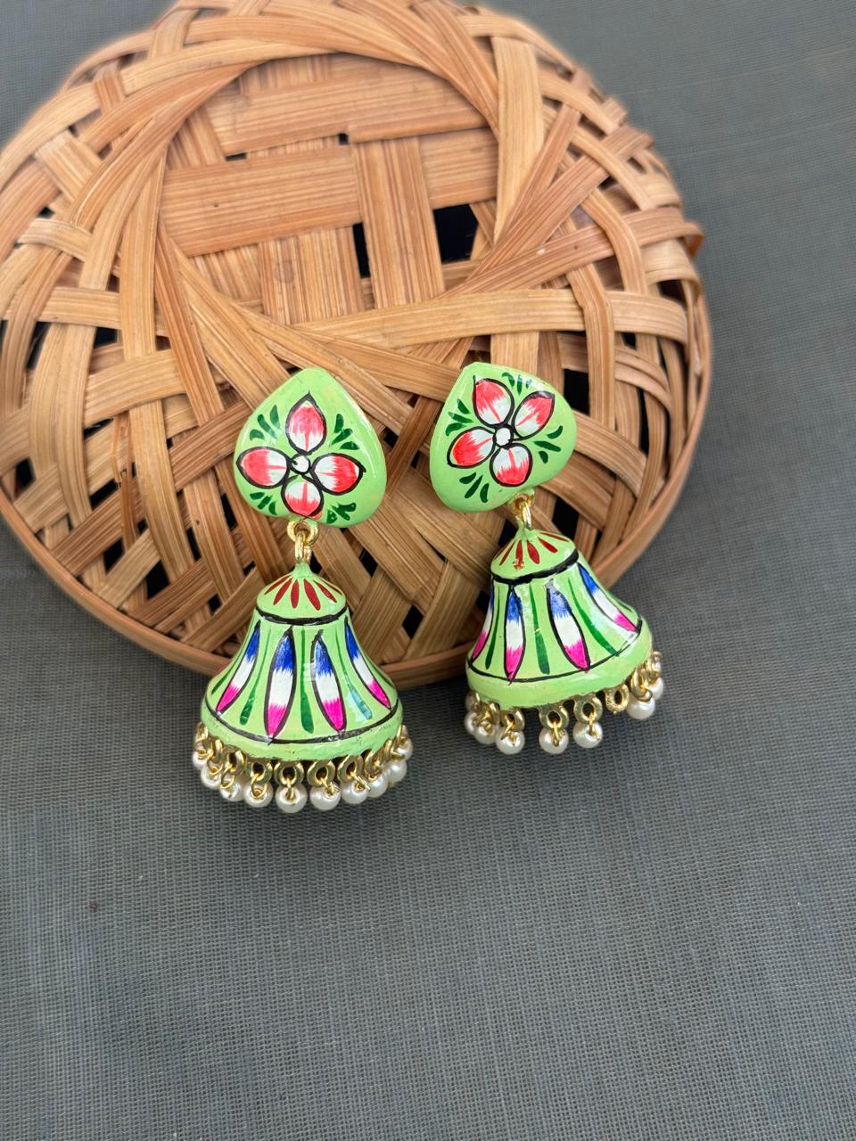 Green Handpainted Jhumki Earrings