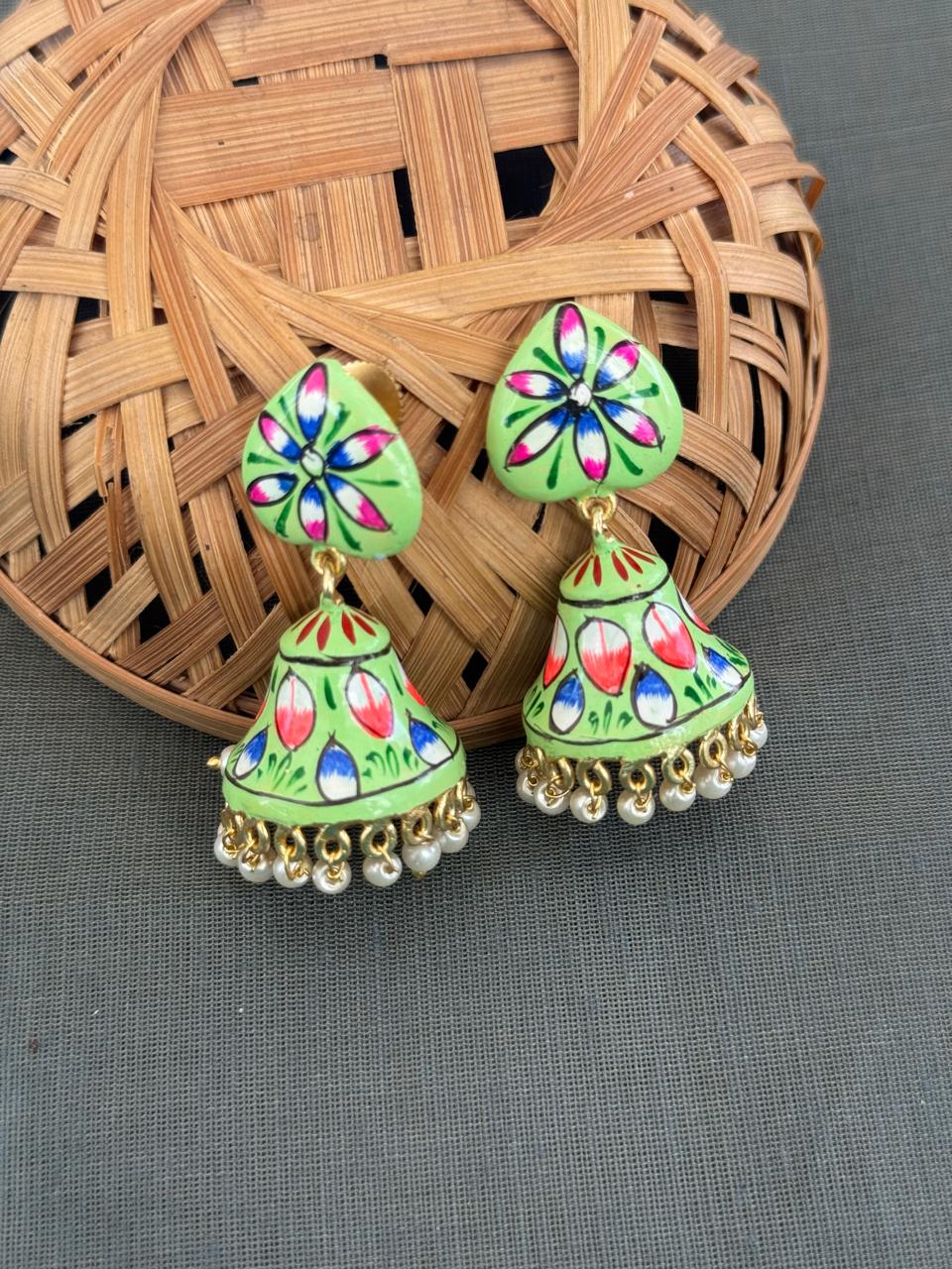 Green Floral Handpainted Jhumki Earrings