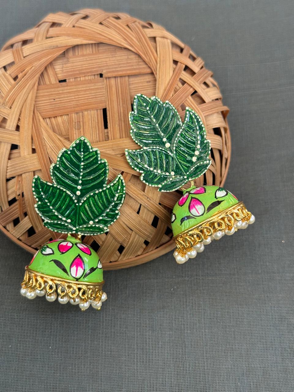 Green Leaf Handpainted Jhumki Earrings