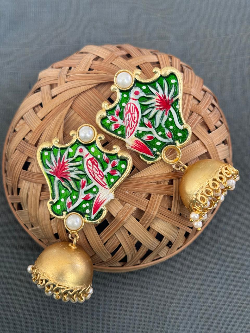 Green Bird Handpainted Jhumki Earrings