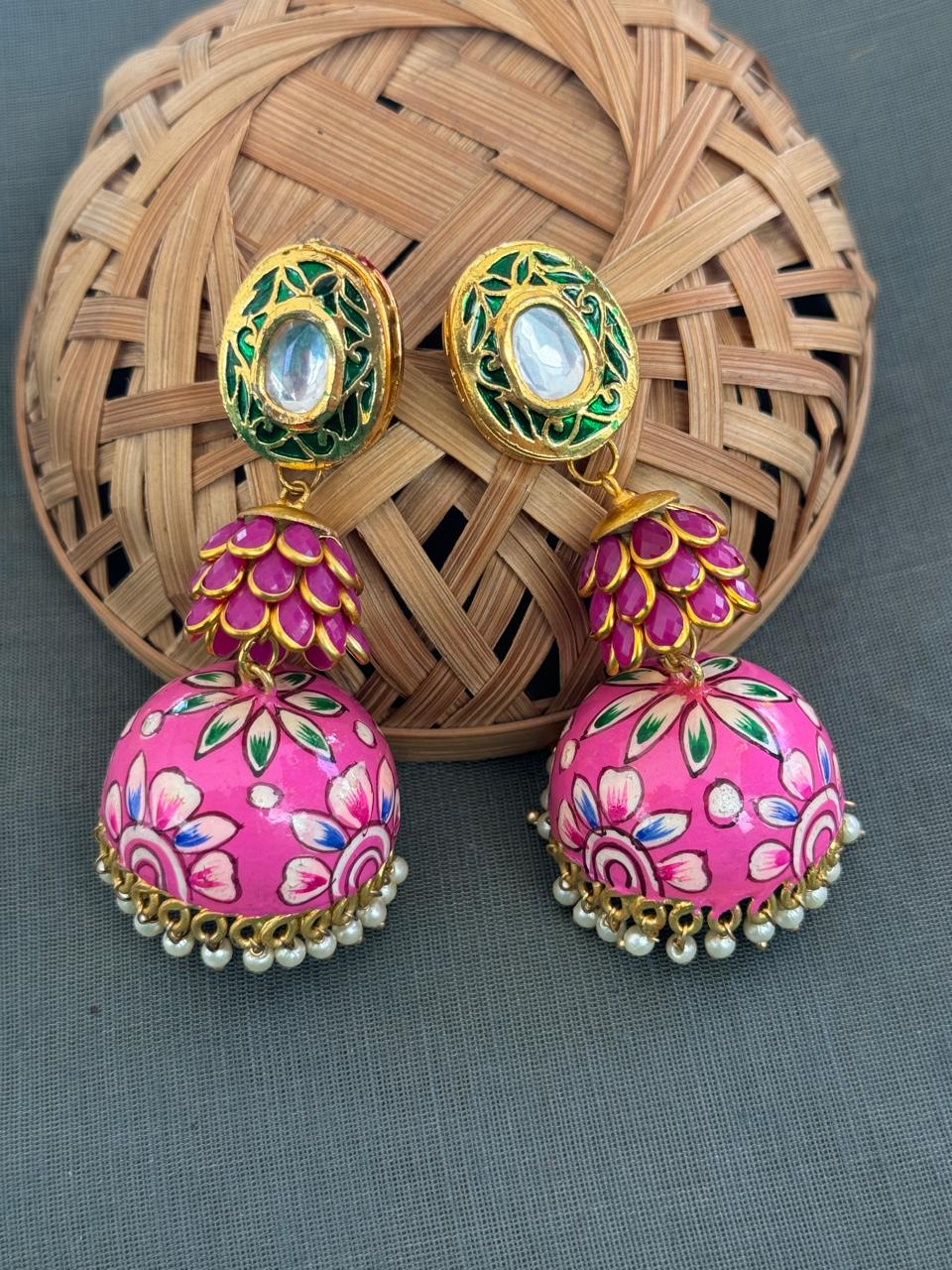 Pink Layered Handpainted Jhumki Earrings