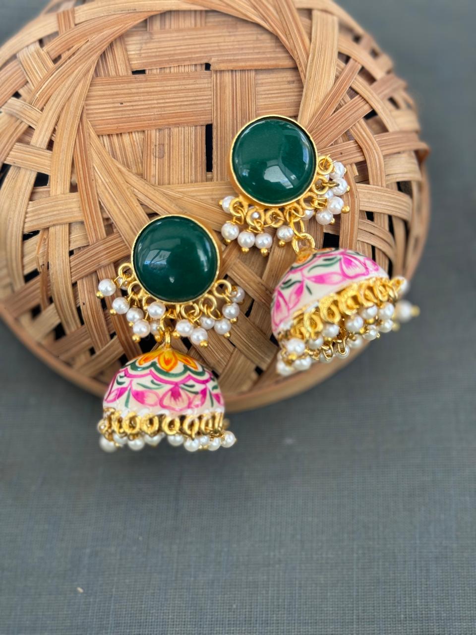 Green Stone White Handpainted Jhumki Earrings
