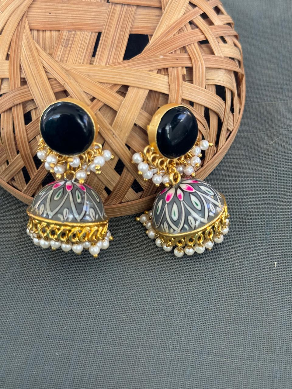 Black Stone Grey Handpainted Jhumki Earrings
