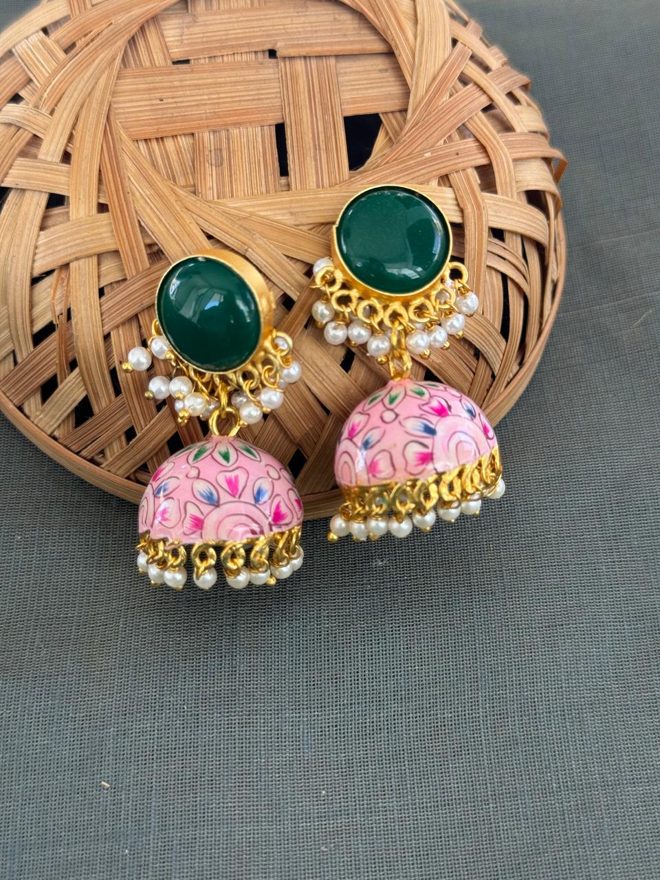 Green Stone Pink Handpainted Jhumki Earrings