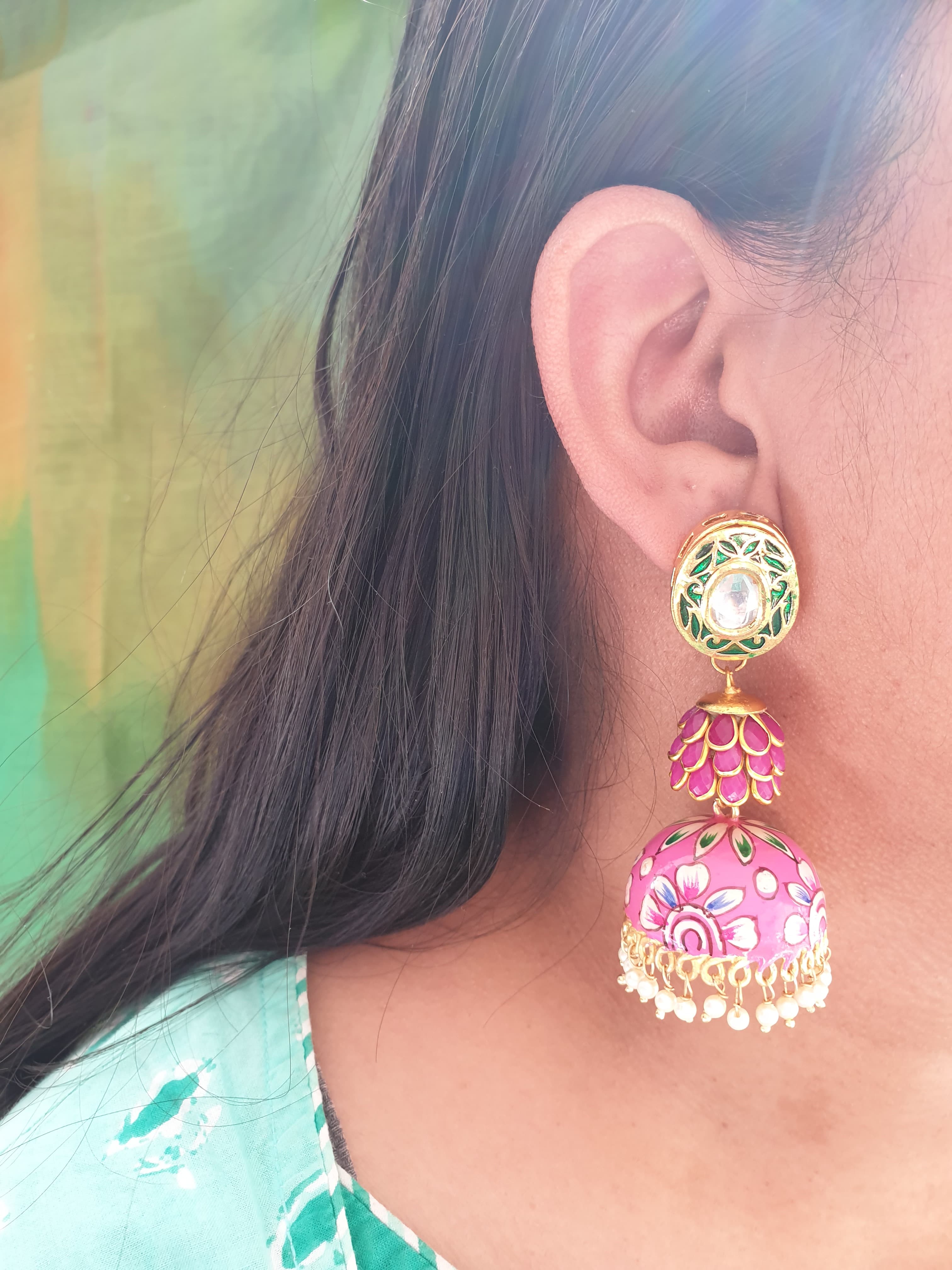 Pink Handpainted Jhumki Layered Earrings