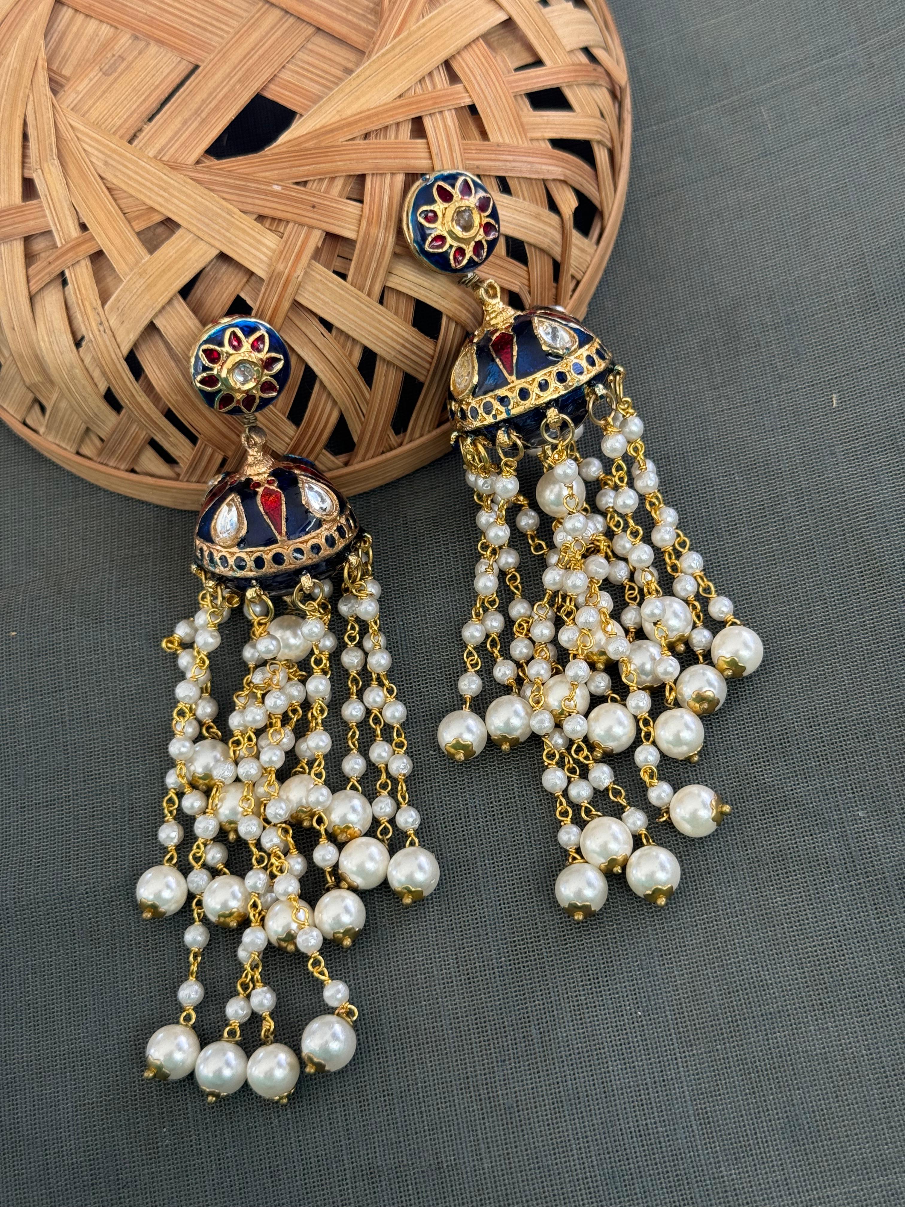 Dark Blue Meenakari Pearl Jhumki Earrings