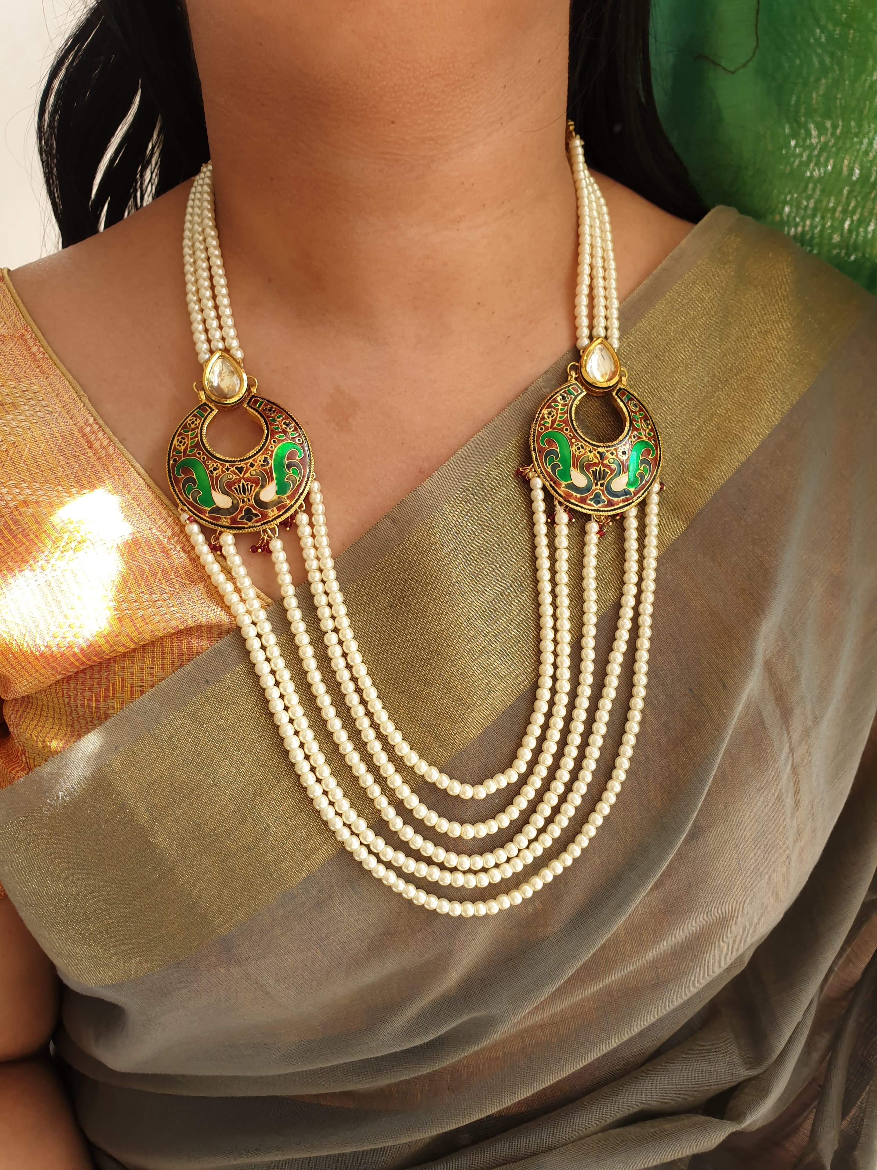 Pearl Beaded Meenakari Necklace With Earrings