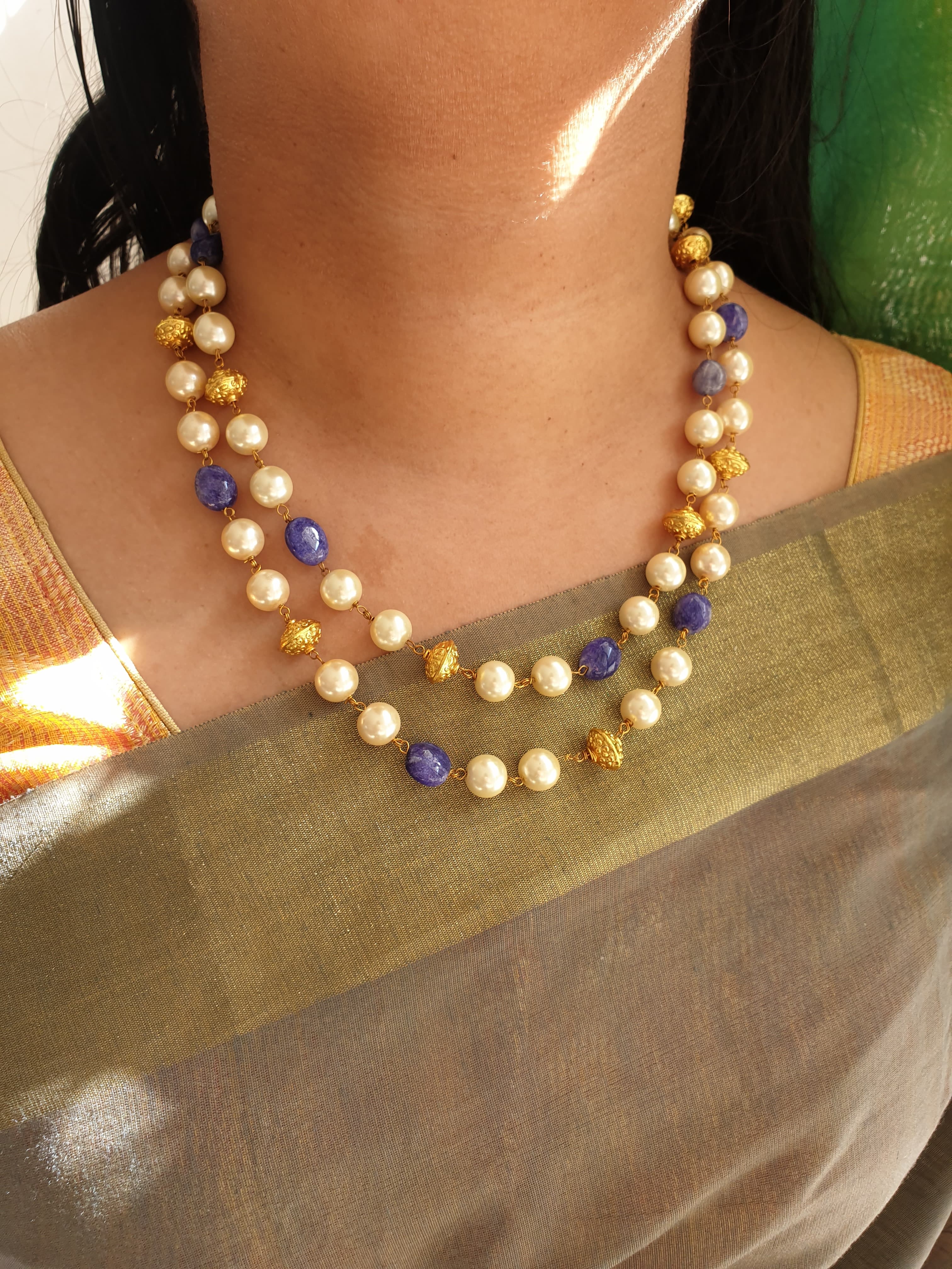 Blue Stone and Pearl Beaded Necklace
